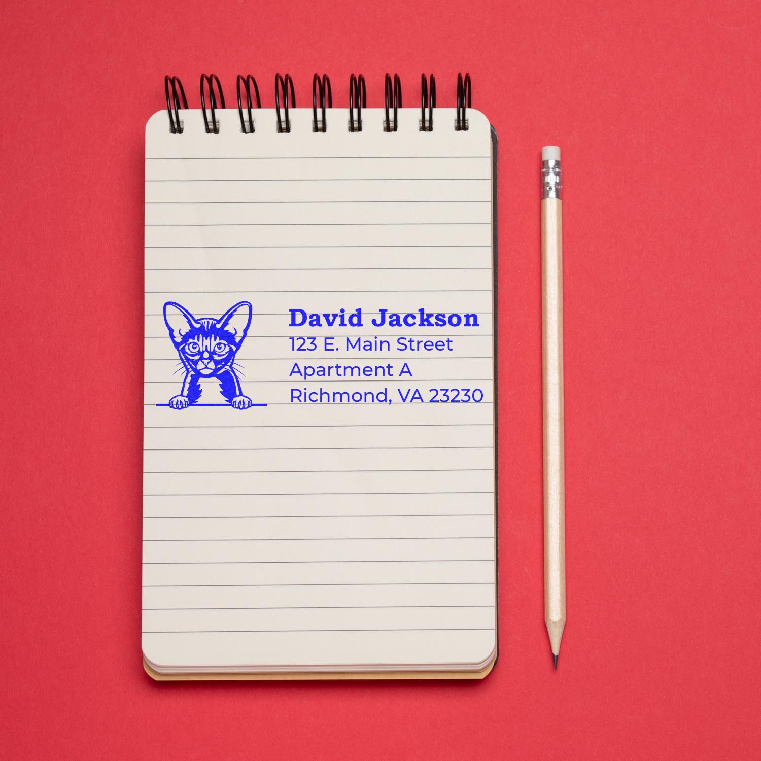 A notepad and pencil on a red background featuring the Slim Pre-Inked Abyssinian Peeking Cat Return Address Stamp in blue ink, displaying a cat illustration and sample address text.