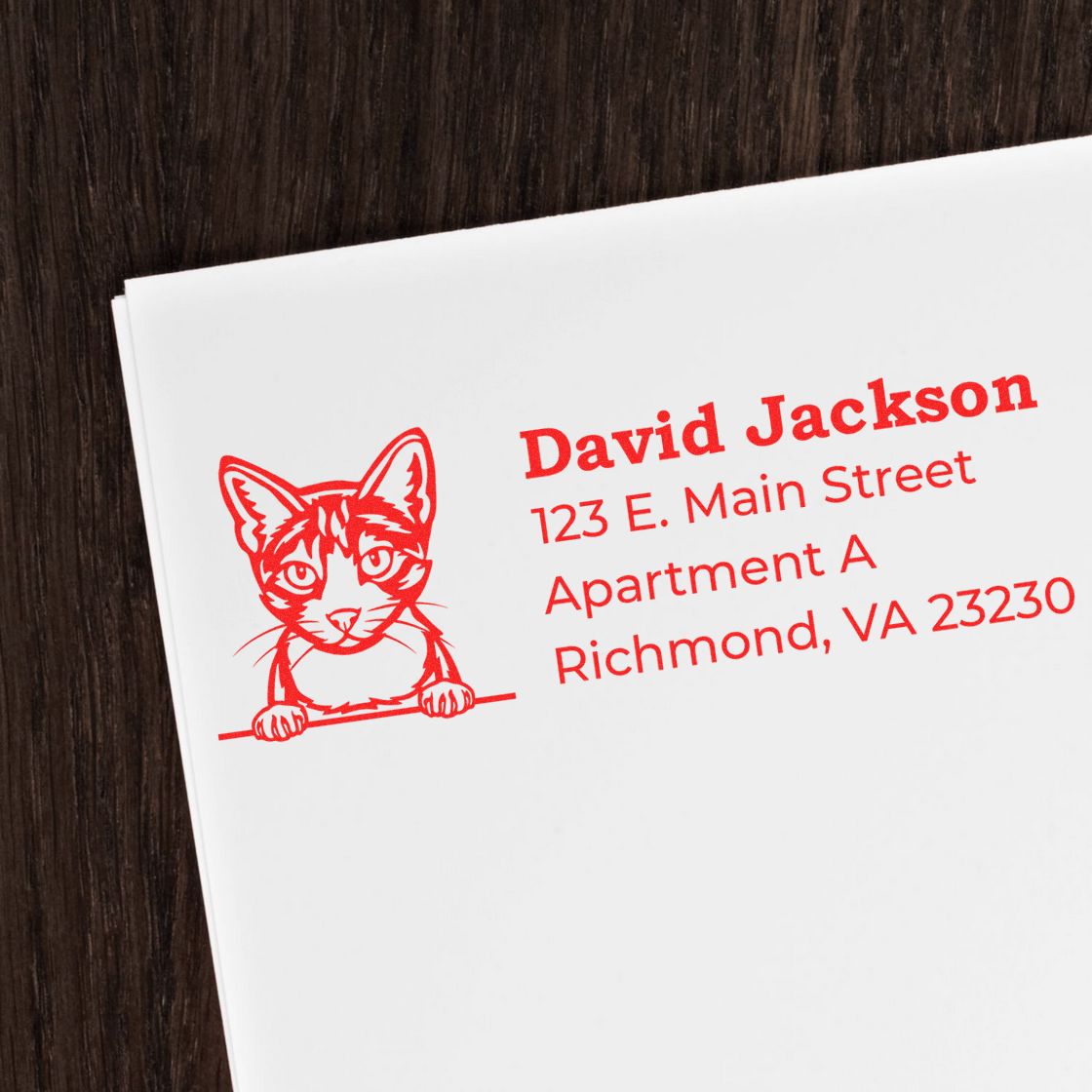 Envelope with a red cat design and address stamped using the Self-Inking Aegean Custom Address Stamp, featuring bold text on a white background, placed on a dark wooden surface.