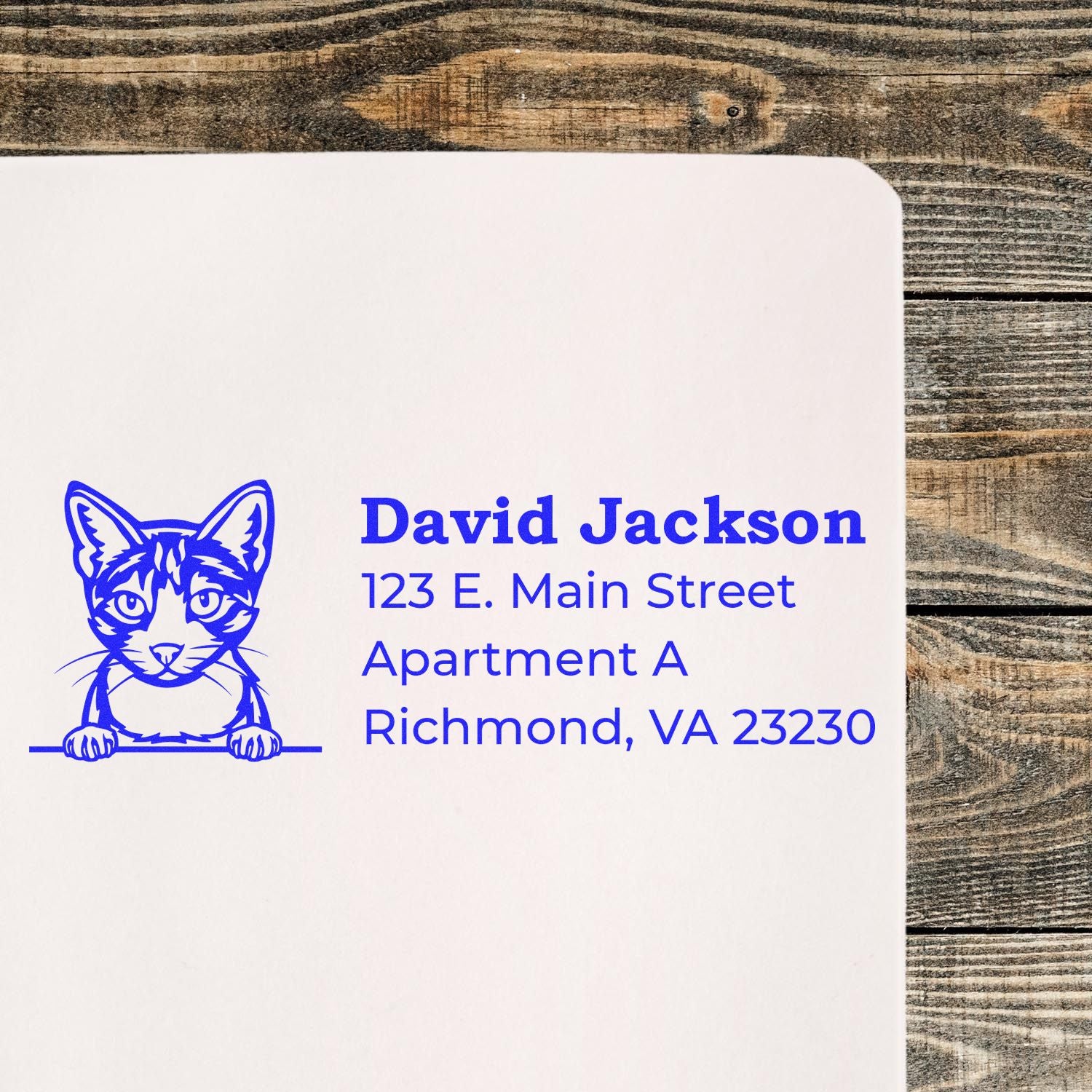 Wood Handle Aegean Cat Address Stamp on paper with a blue cat illustration and sample address text. The stamp is placed on a wooden surface, showcasing its detailed design and clear imprint.