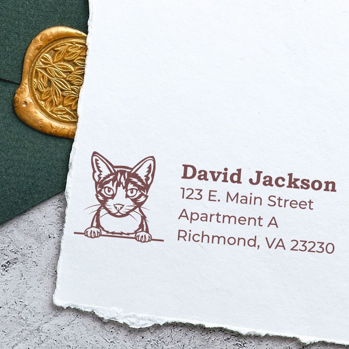 Wood Handle Aegean Cat Address Stamp on white paper with a cute cat illustration and address details. Features a gold wax seal and green envelope in the background.