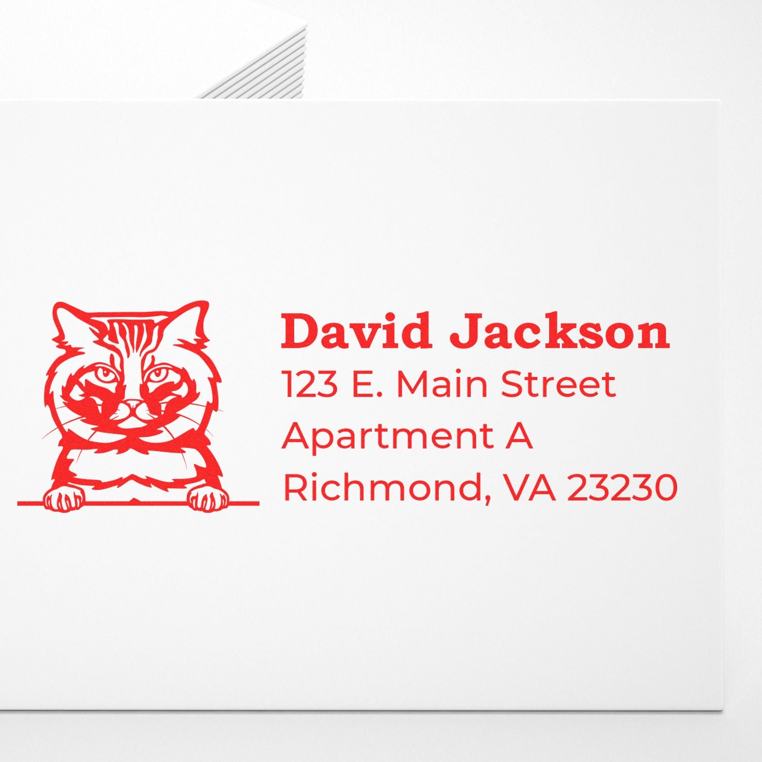 PSI Pre-Inked Peeking American Bobtail Cat Personalized Address Stamp on a white envelope, featuring a red cat illustration and sample address text in bold red font.