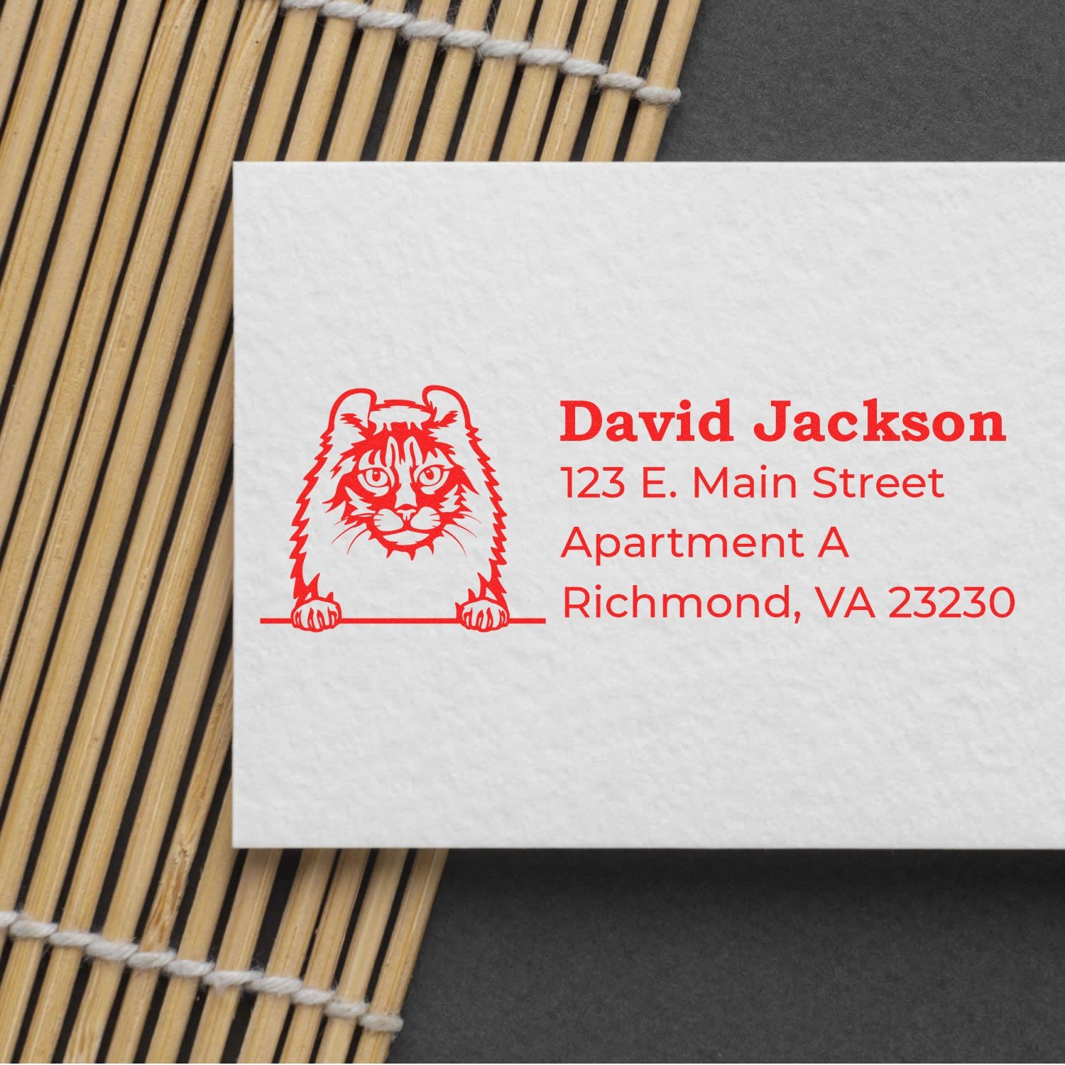 Slim Pre-Inked American Curl Peeking Cat Return Address Stamp on a white card with red text, featuring a cute cat illustration. Card placed on a bamboo mat and dark background.