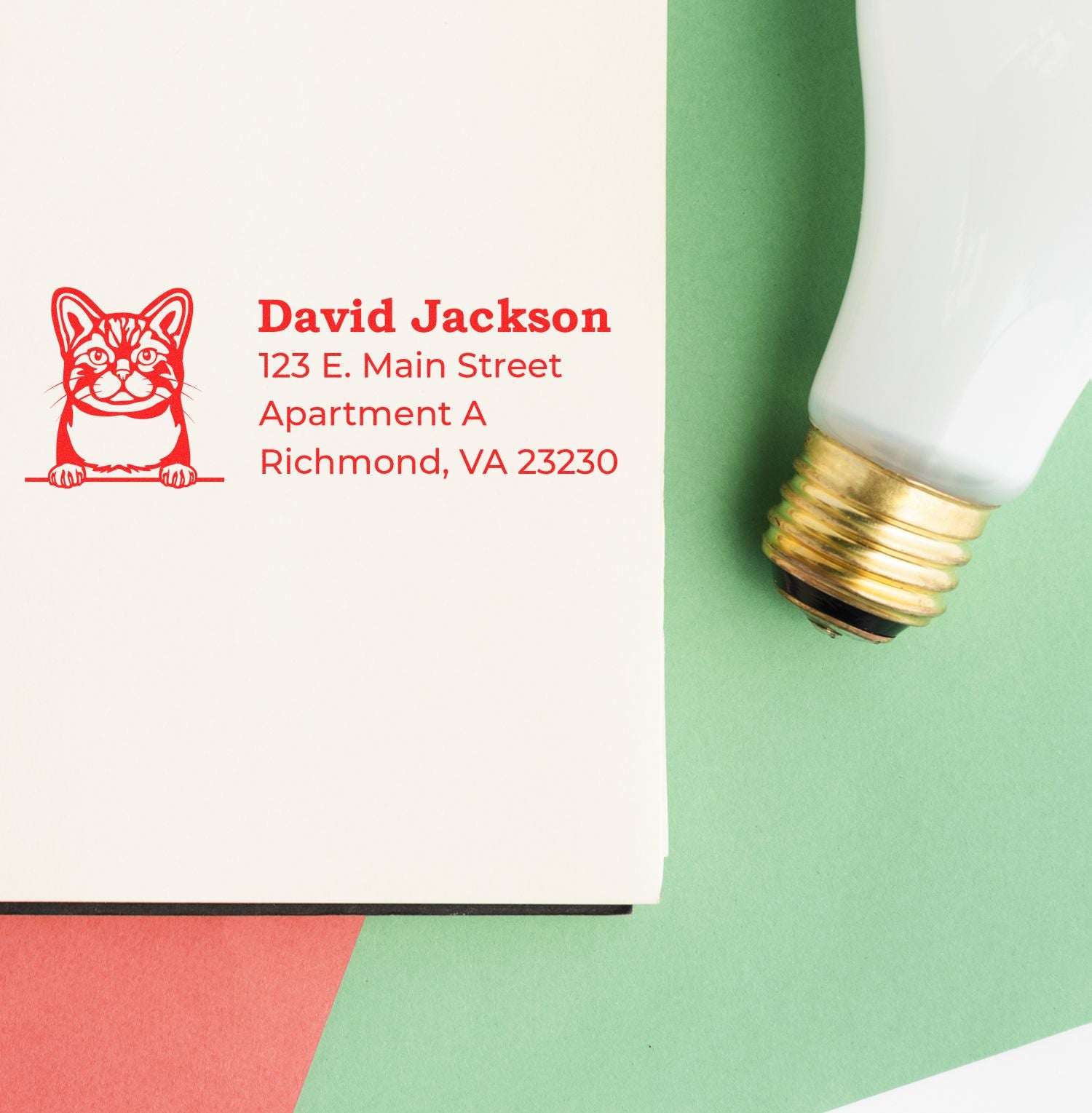 Self-Inking American Wirehair Custom Address Stamp on a cream envelope with a red cat design, next to a light bulb on a green and red background.