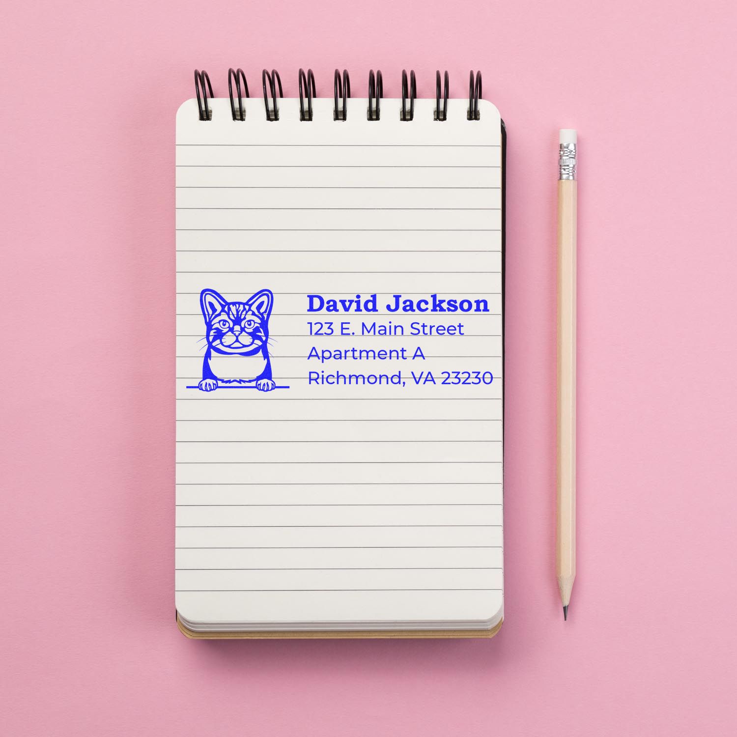 Wood Handle American Wirehair Cat Address Stamp on a notepad with a blue cat design and address details. A pencil lies beside the notepad on a pink background.