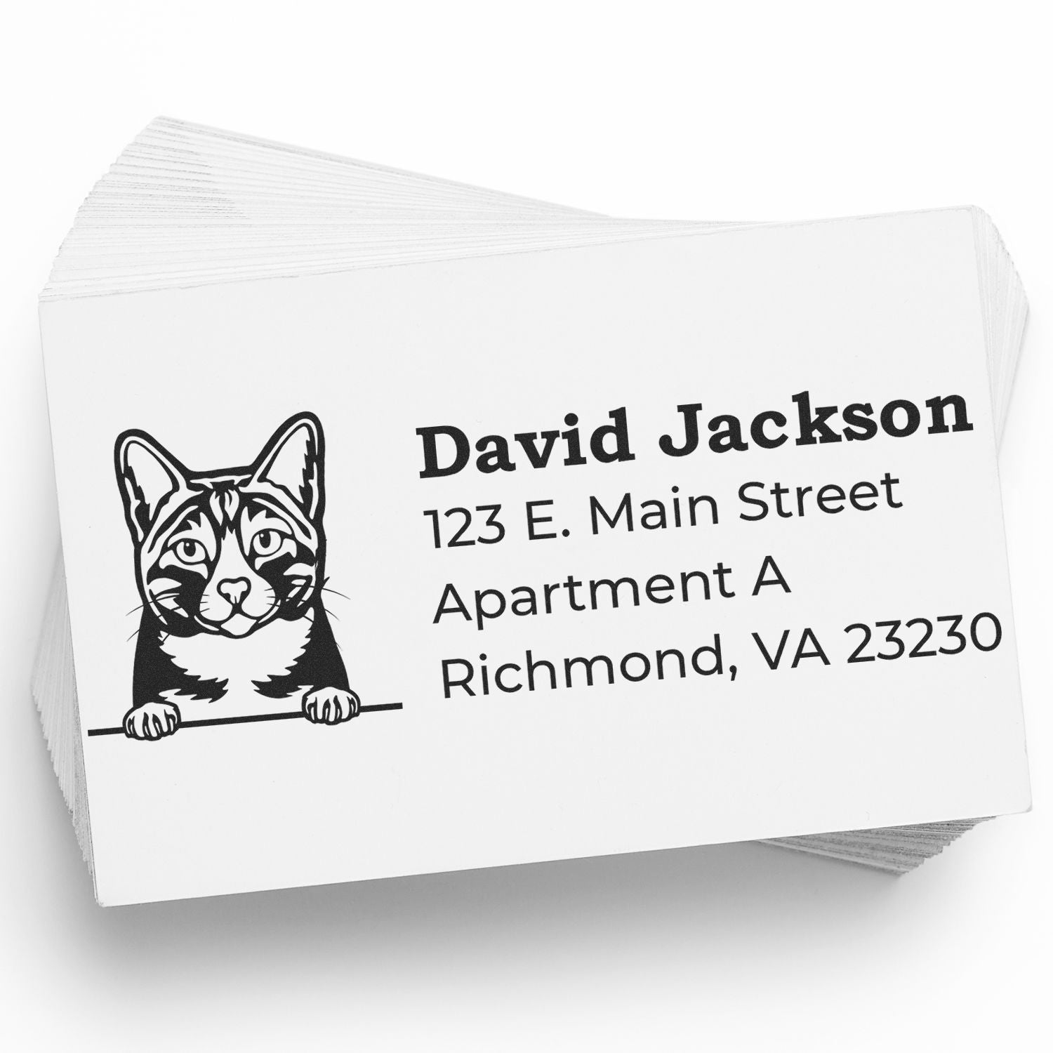 PSI Pre-Inked Peeking Arabian Mau Cat Personalized Address Stamp on a stack of cards, featuring a cute cat illustration and sample address text.