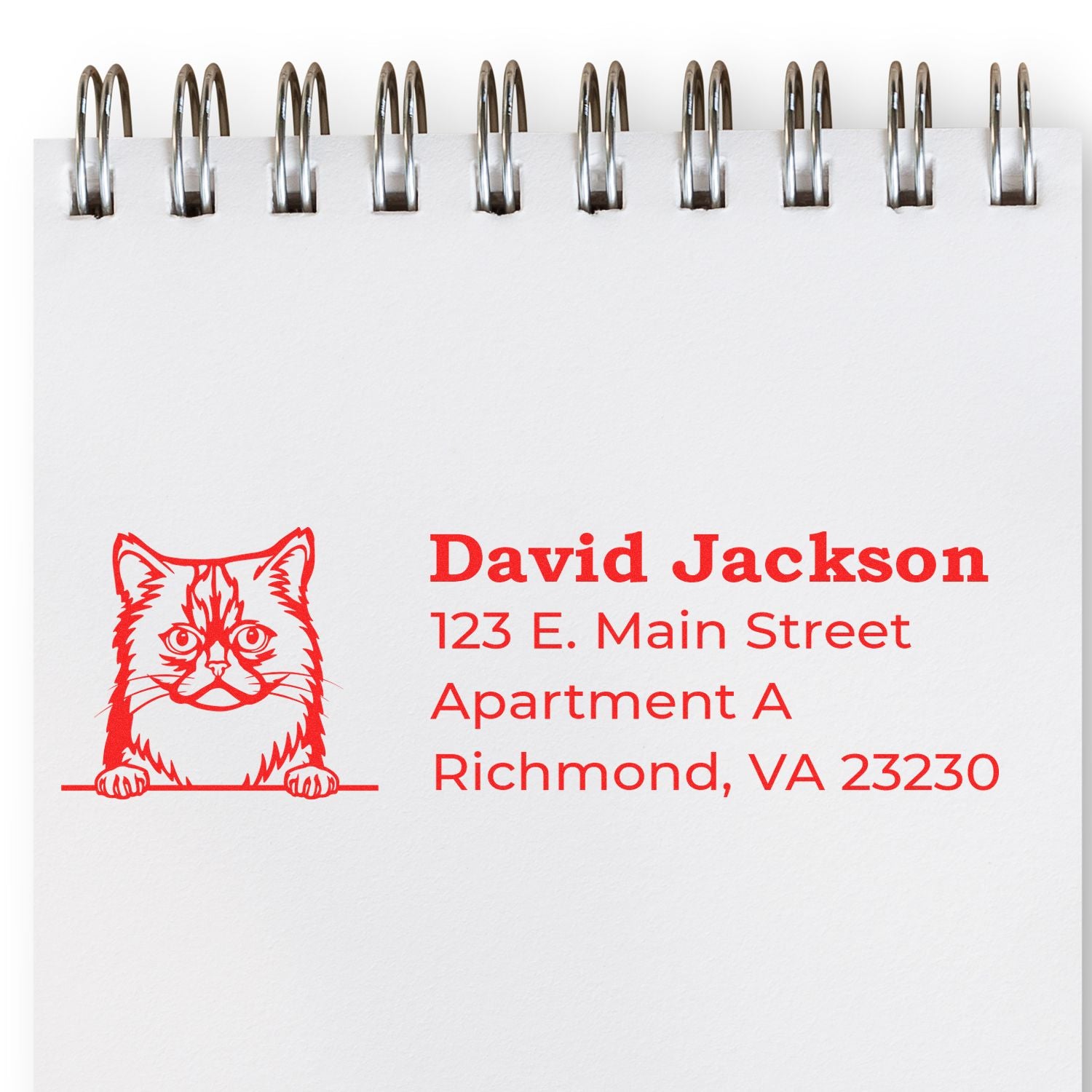 Self-Inking Asian Semi Long Hair Custom Address Stamp featuring a red cat design and personalized address on a notepad. Perfect for adding a unique touch to your mail.