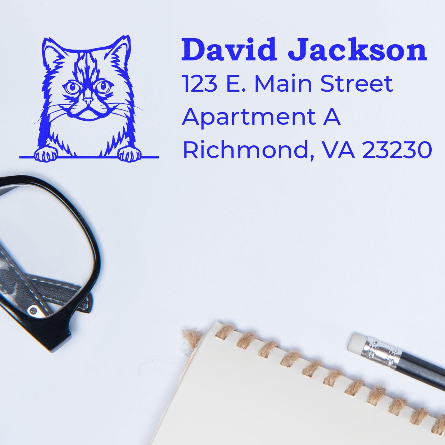 Wood Handle Asian Semi Long Hair Cat Address Stamp on paper with a blue cat design, next to glasses and a pen.