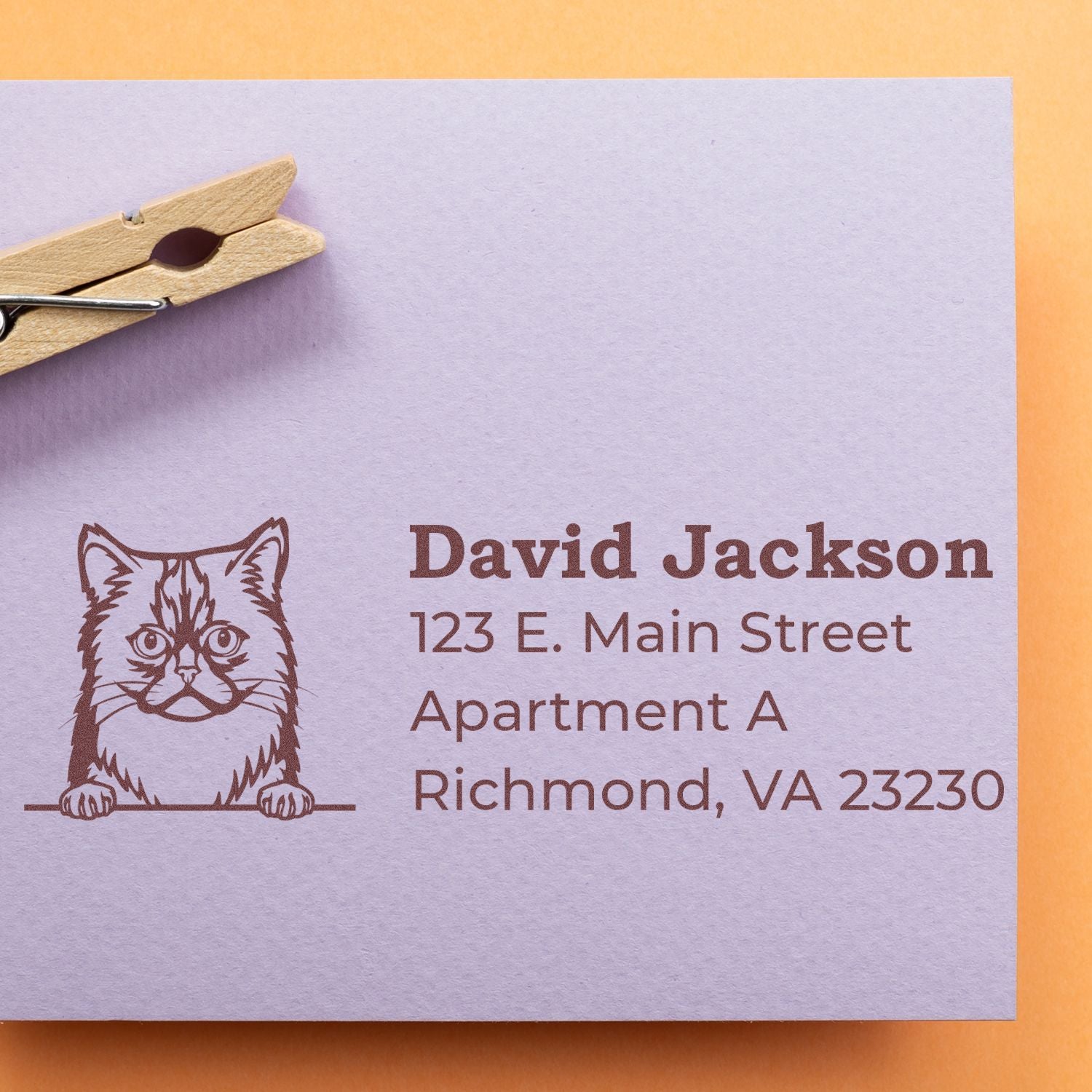 Wood Handle Asian Semi Long Hair Cat Address Stamp on a lavender envelope with a cat illustration, next to a clothespin. Text reads: David Jackson, 123 E. Main Street, Apartment A, Richmond, VA 23230.