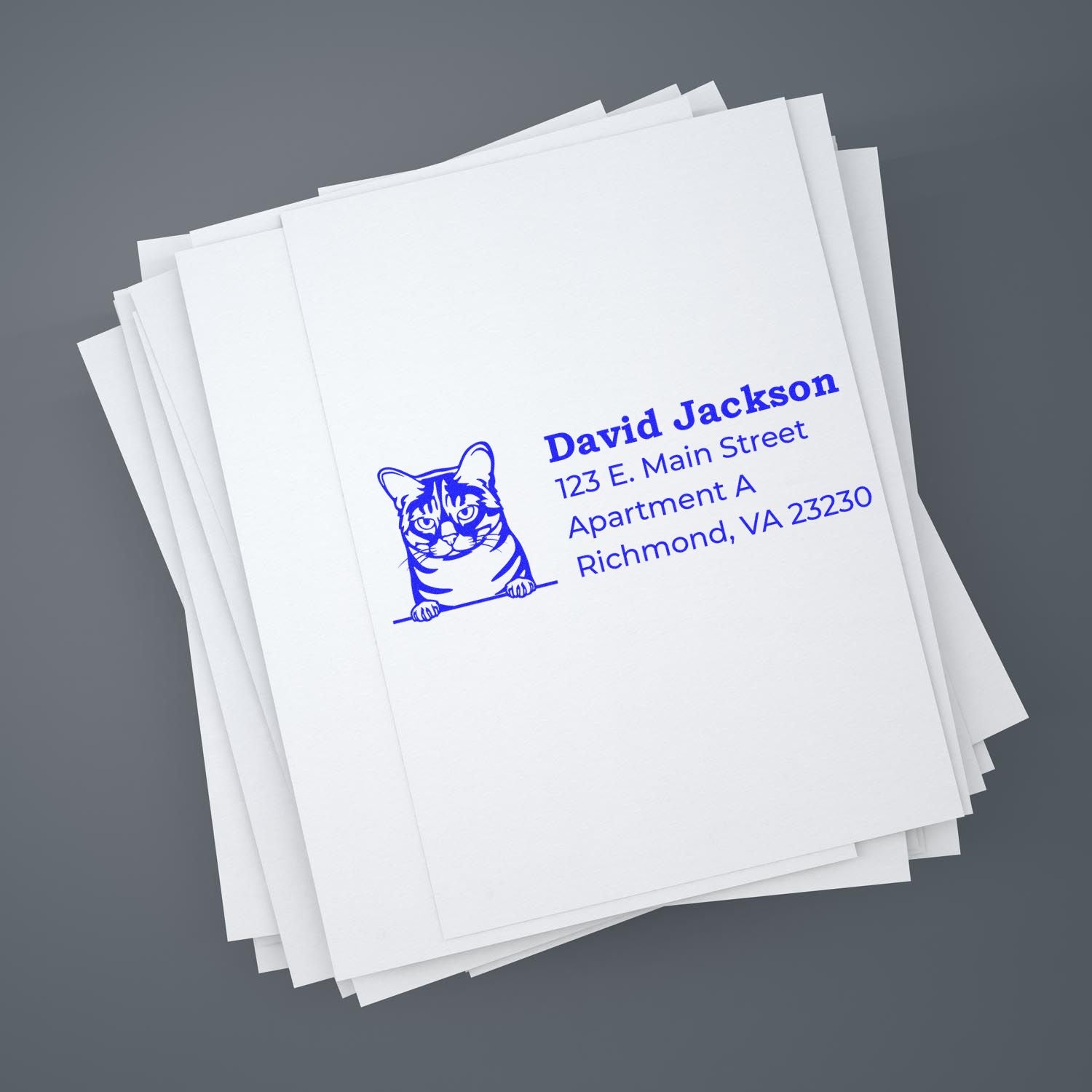 Wood Handle Australian Mist Cat Address Stamp on white paper stack, featuring a blue cat illustration and sample address text.