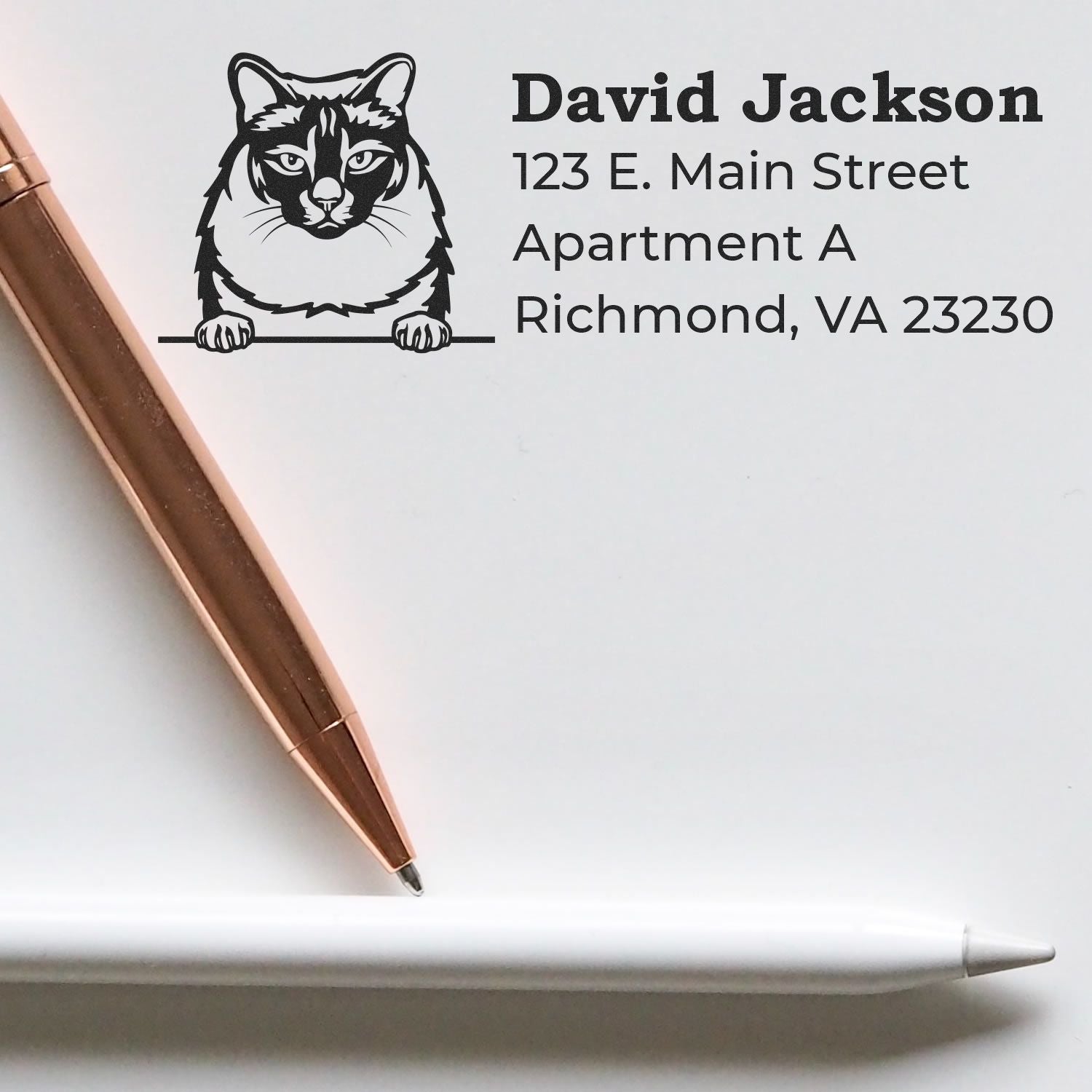 Slim Pre-Inked Balinese Peeking Cat Return Address Stamp on white paper with a black cat design, next to a rose gold pen and a white stylus.