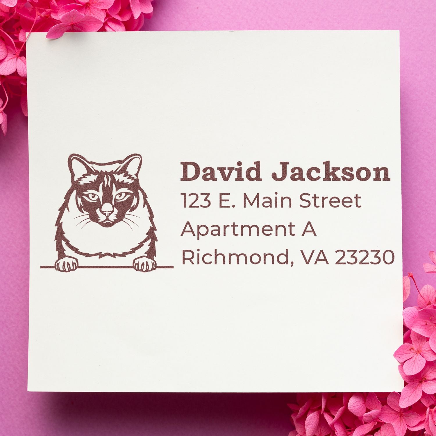 Slim Pre-Inked Balinese Peeking Cat Return Address Stamp on white paper with a cat illustration and address text. Pink background with flower accents.