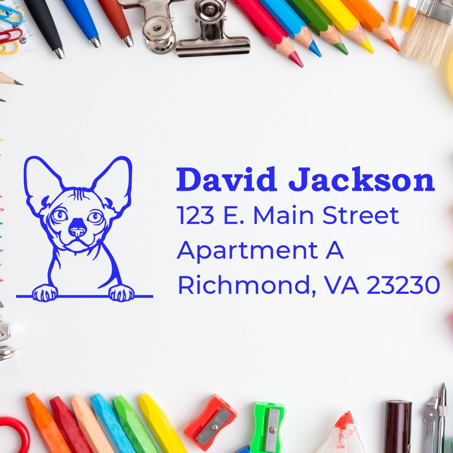 Self-Inking Bambino Custom Address Stamp on white paper surrounded by colorful stationery, featuring a cute dog illustration and sample address text in blue.