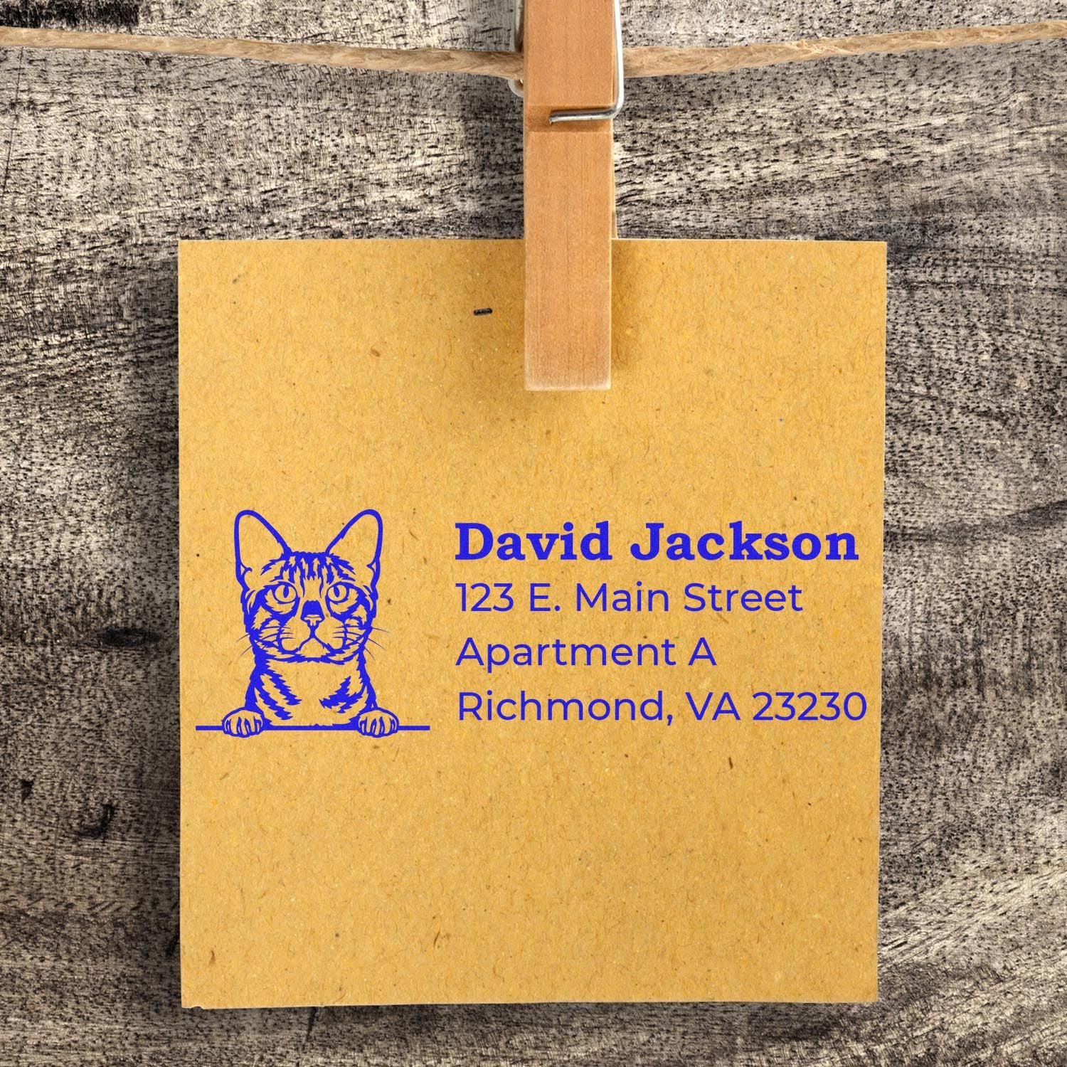 Slim Pre-Inked Bengal Peeking Cat Return Address Stamp on brown paper, featuring a cute cat illustration and blue text with a sample address, clipped to a rustic wooden background.