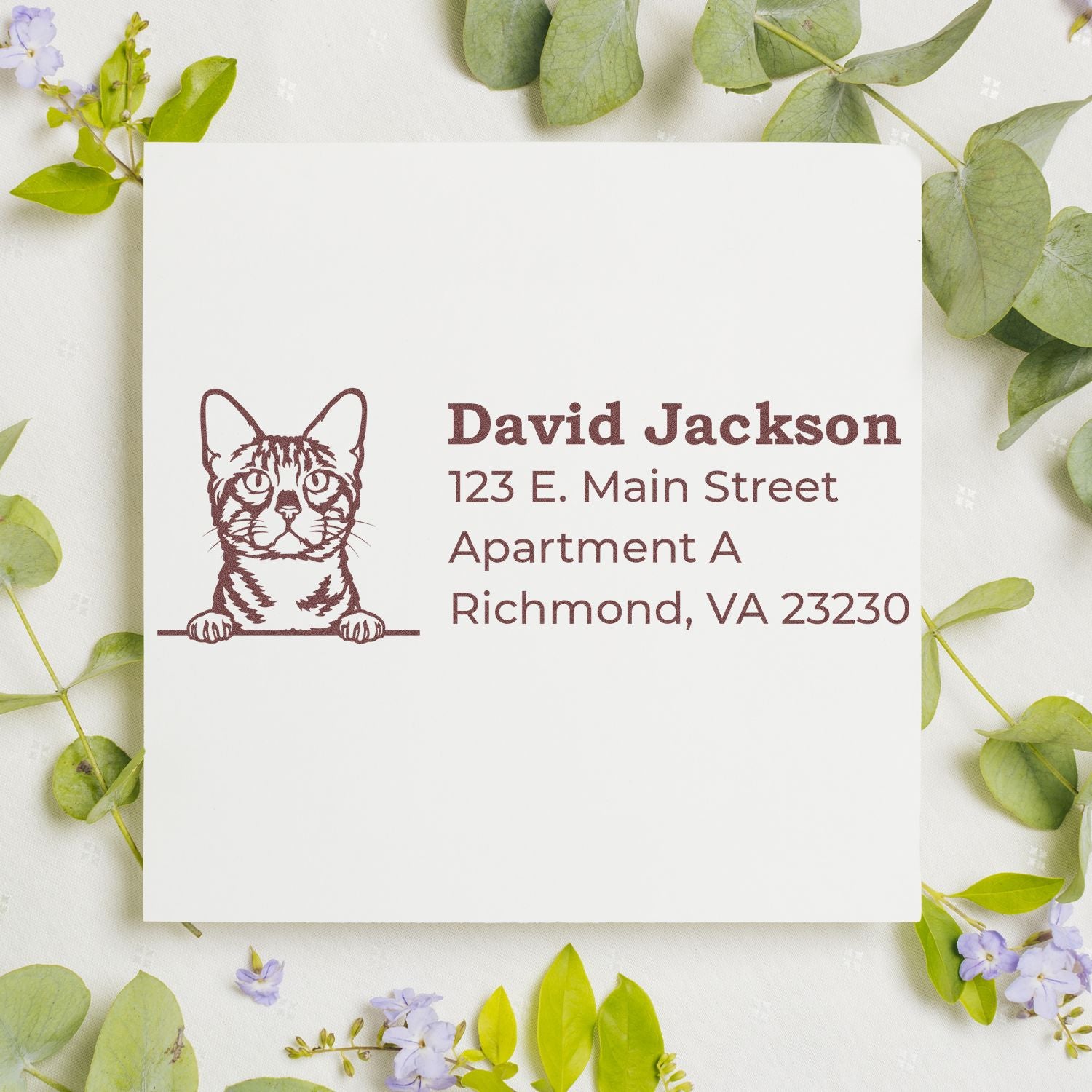 Slim Pre-Inked Bengal Peeking Cat Return Address Stamp on white paper, surrounded by green leaves and small purple flowers, displaying an address with a cute cat illustration.