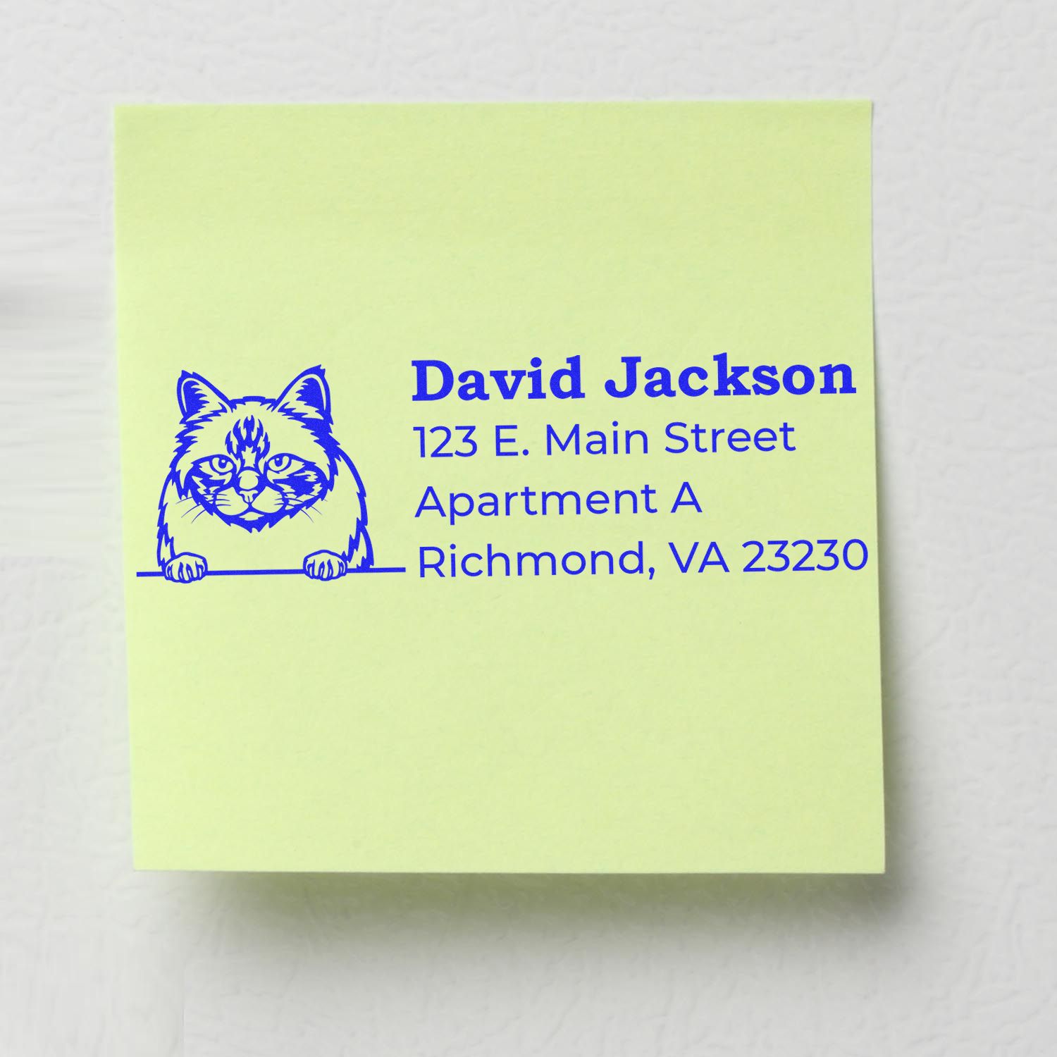 Self-Inking Birman Custom Address Stamp on a yellow note, featuring a blue Birman cat illustration with sample address details in bold text.