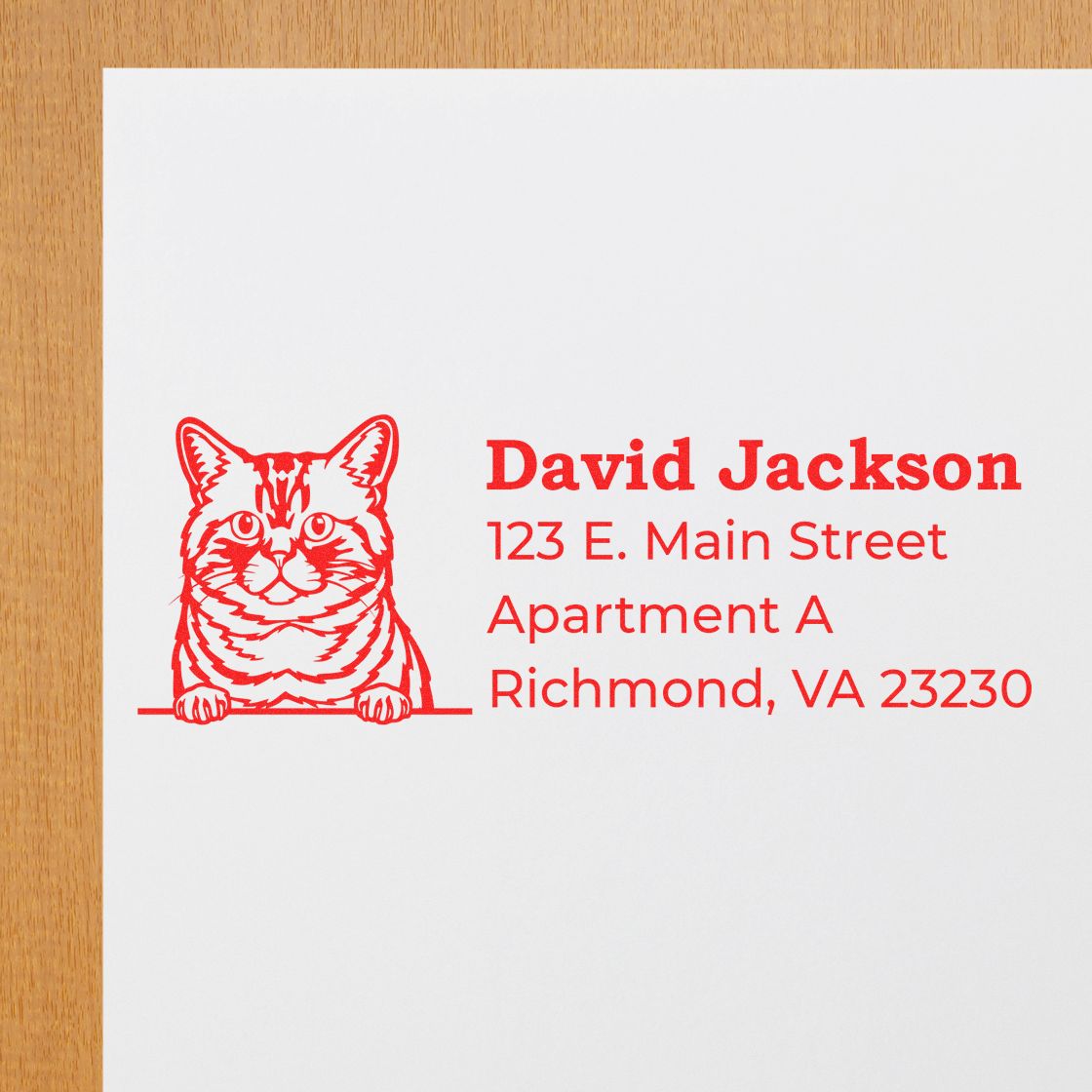 PSI Pre-Inked Peeking Brazilian Shorthair Cat Personalized Address Stamp on white paper with red ink, featuring a cute cat illustration and sample address text in bold, clear font.