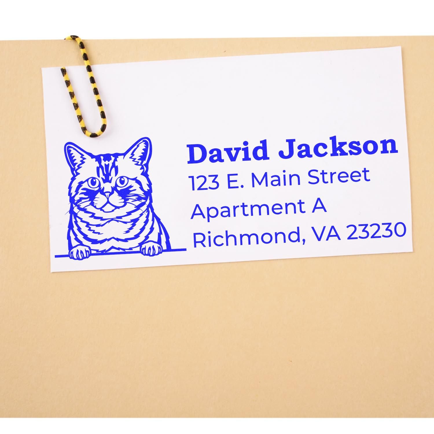 Self-Inking Brazilian Shorthair Custom Address Stamp on envelope, featuring a blue cat design and sample address text. Perfect for personalized mailings.