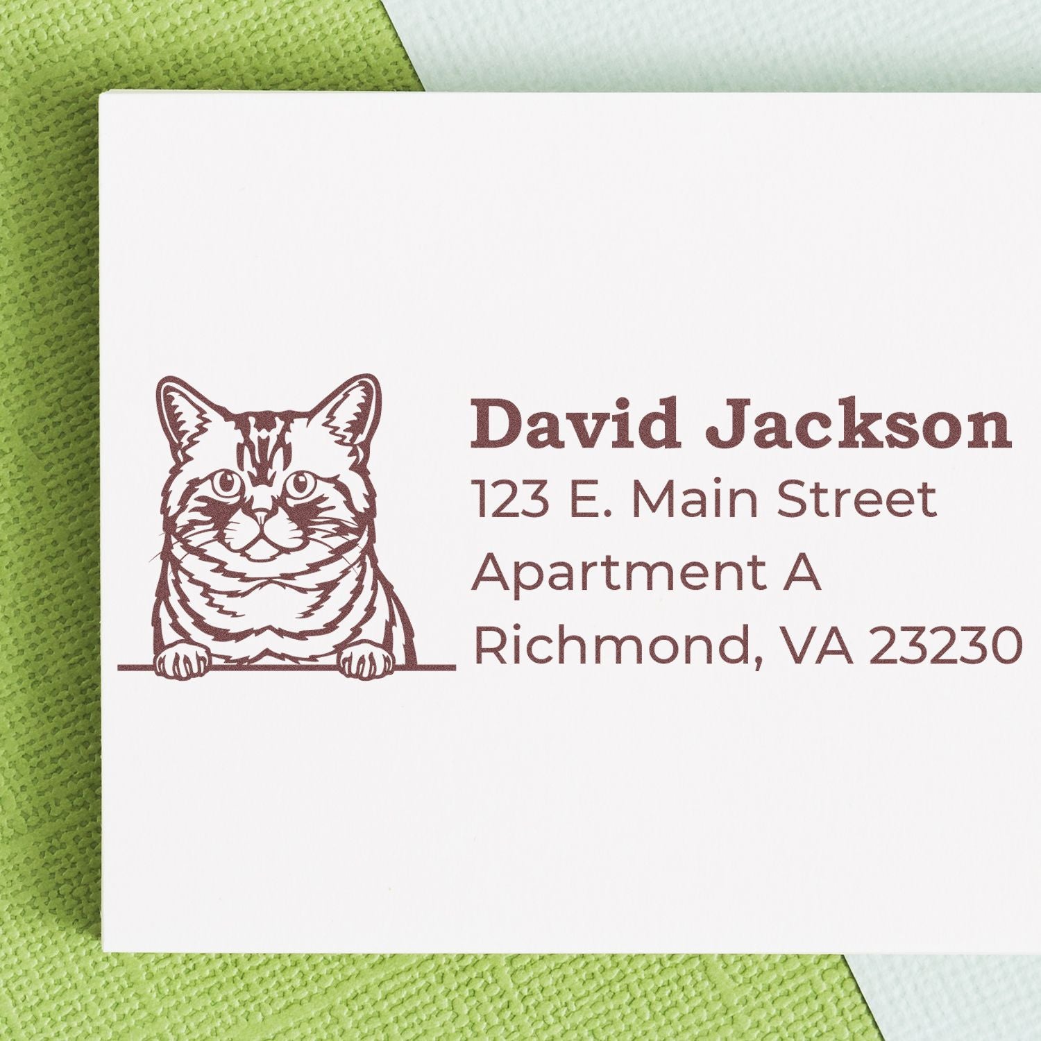 Self-Inking Brazilian Shorthair Custom Address Stamp on a white envelope, featuring a cat illustration and sample address in brown ink, placed on a green and white textured background.