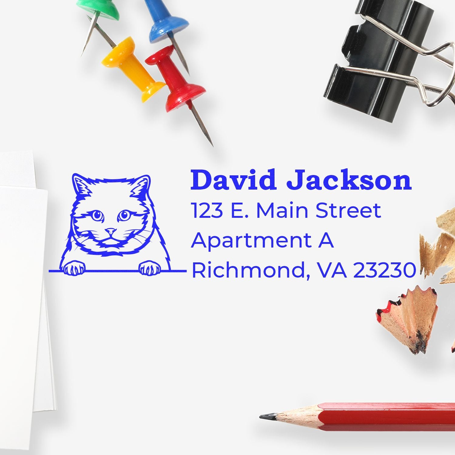 Wood Handle British Shorthair Cat Address Stamp on white paper, surrounded by colorful push pins, a binder clip, pencil shavings, and a red pencil, showcasing a cute cat design with address details.