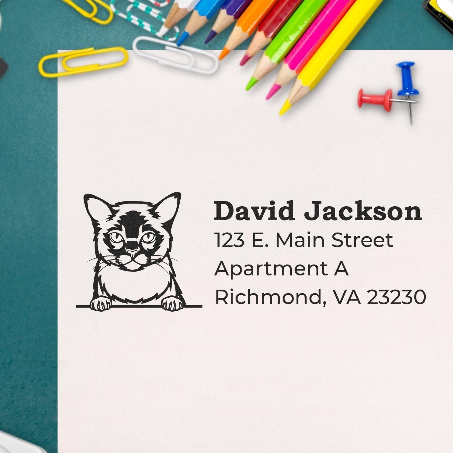 Self-Inking Burmese Custom Address Stamp on paper with a cat design, surrounded by colorful pencils, paperclips, and a pushpin on a green desk.