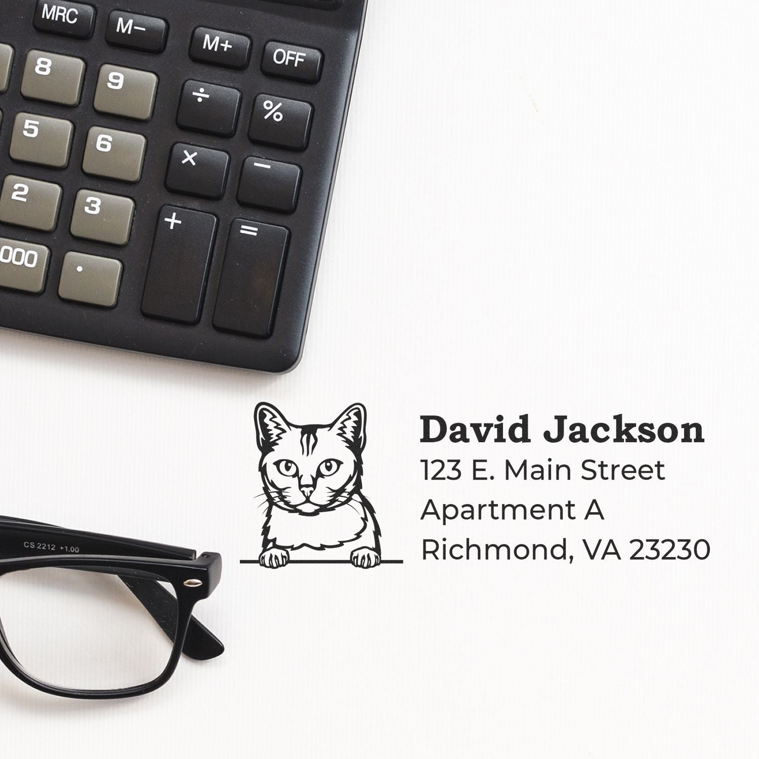 Slim Pre-Inked Burmilla Peeking Cat Return Address Stamp on a letter beside a calculator and glasses, featuring a cute cat design and personalized address details.