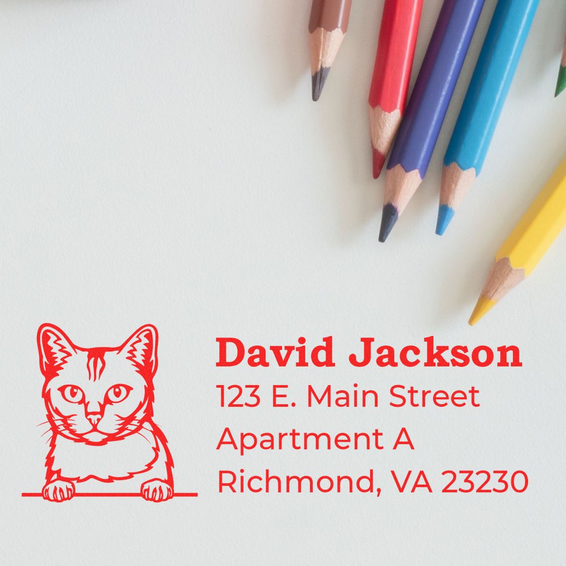 Wood Handle Burmilla Cat Address Stamp on paper with colorful pencils. Features a red cat illustration and sample address text in bold red font. Perfect for personalized stationery.