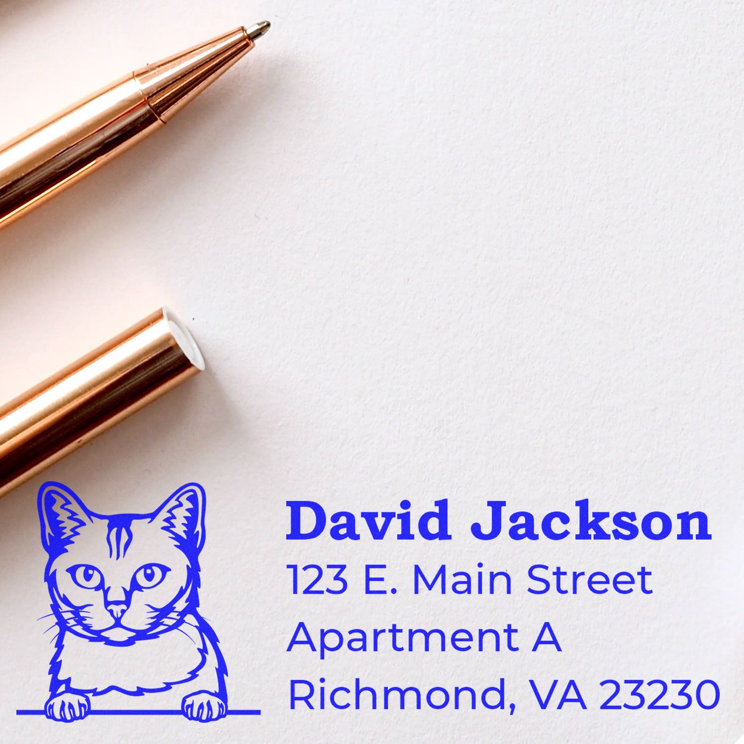 Wood Handle Burmilla Cat Address Stamp on white paper with a blue cat design and sample address. A gold pen lies nearby, highlighting the stamp's elegant and practical use for personalizing mail.