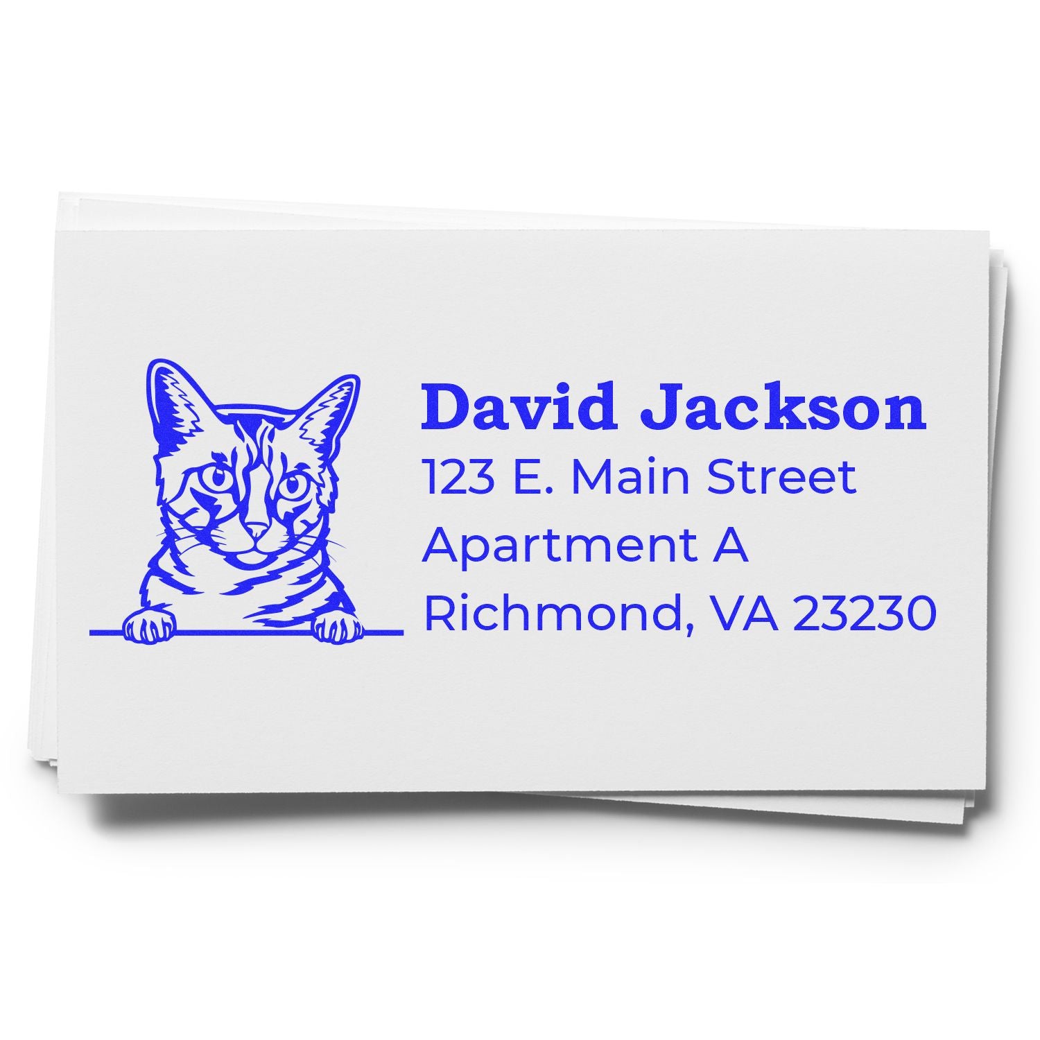 PSI Pre-Inked Peeking California Spangled Cat Personalized Address Stamp on white paper, featuring a blue cat illustration and sample address text in bold blue font.