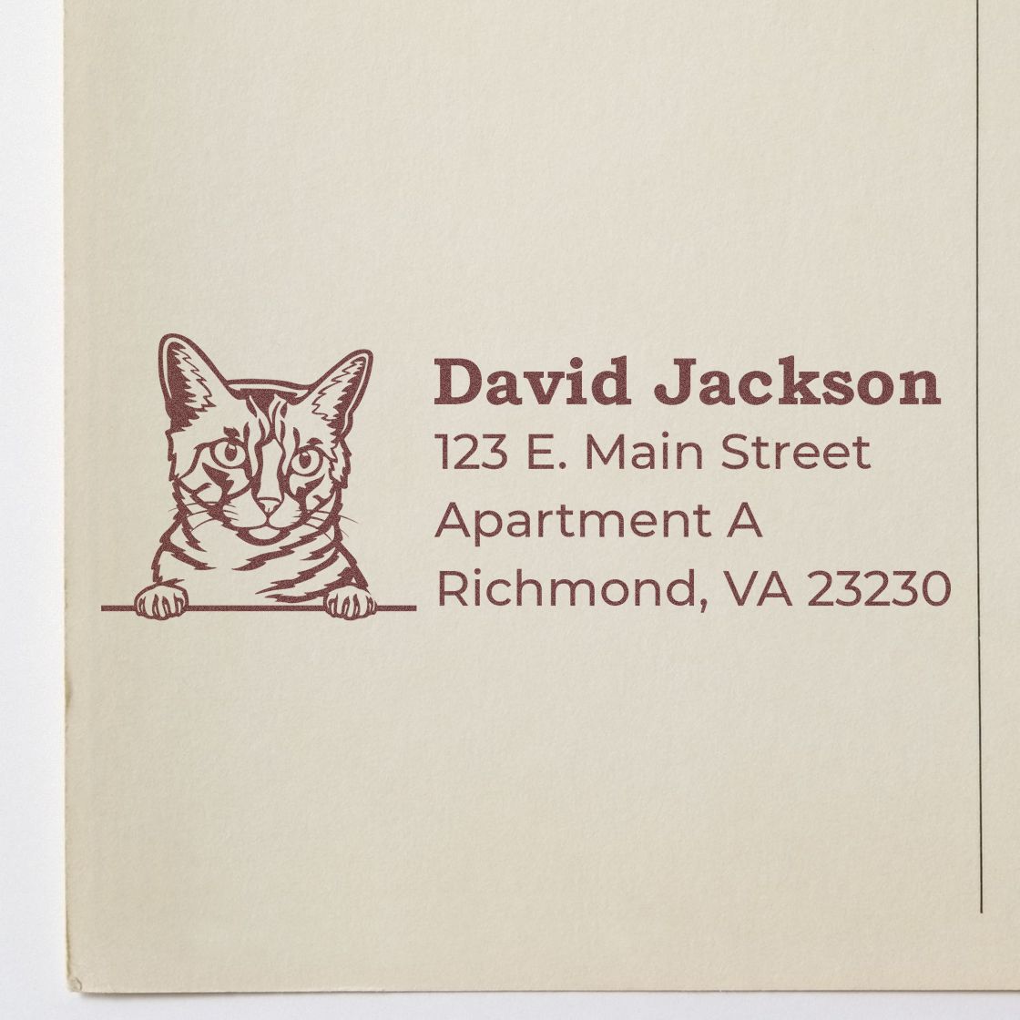 Wood Handle California Spangled Cat Address Stamp on beige paper, featuring a cat illustration and sample address text in brown ink.