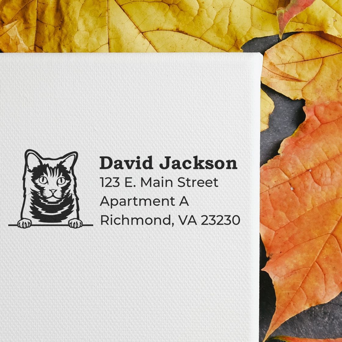 Self-Inking Chartreux Custom Address Stamp on white paper with a cat illustration, surrounded by autumn leaves.