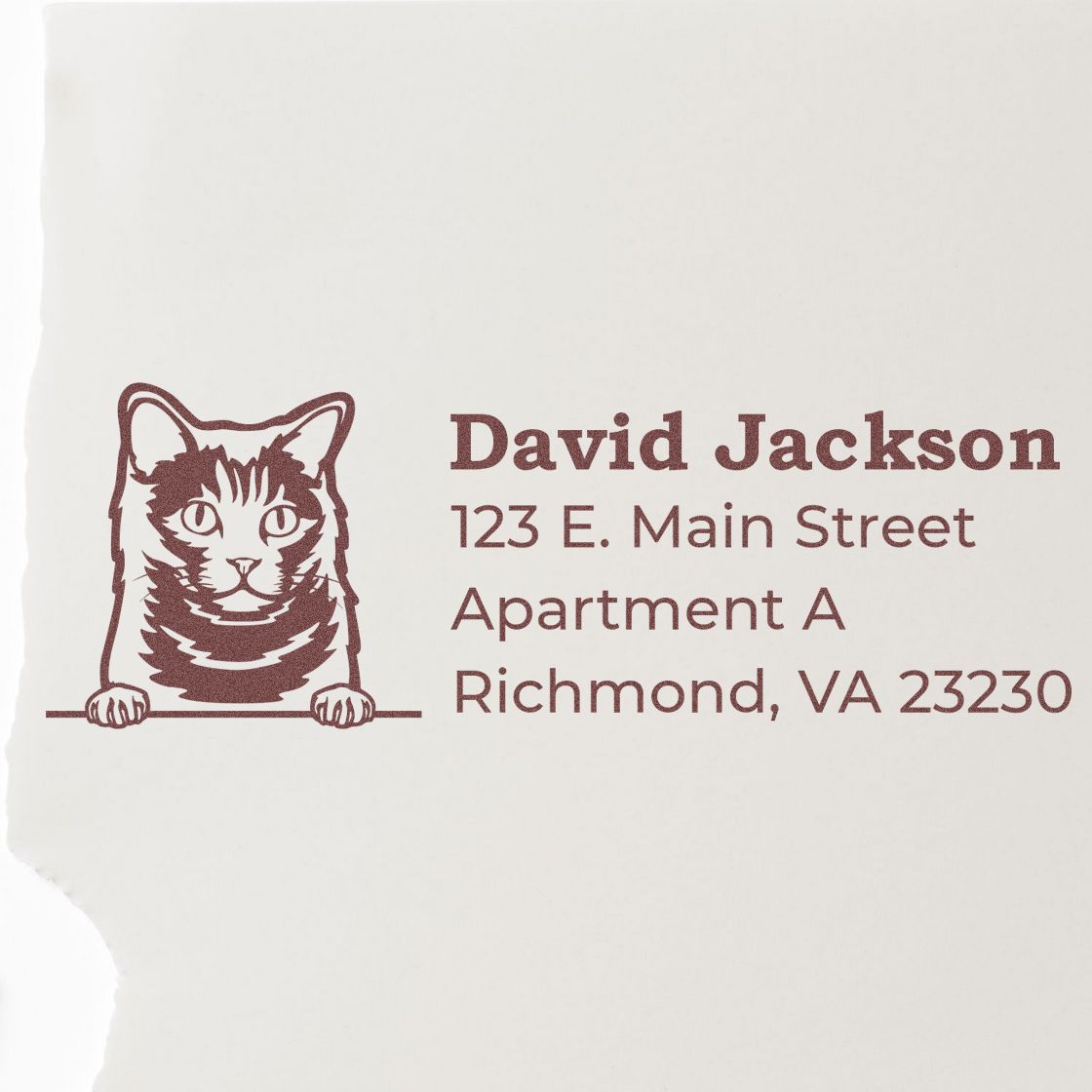 Wood Handle Chartreux Cat Address Stamp on paper, featuring a cat illustration and sample address: David Jackson, 123 E. Main Street, Apartment A, Richmond, VA 23230.