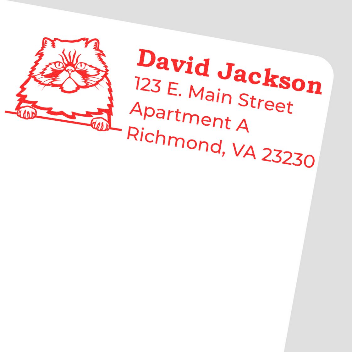 Self-Inking Colorpoint Persian Custom Address Stamp in red ink on white paper, featuring a Persian cat illustration and sample address text.