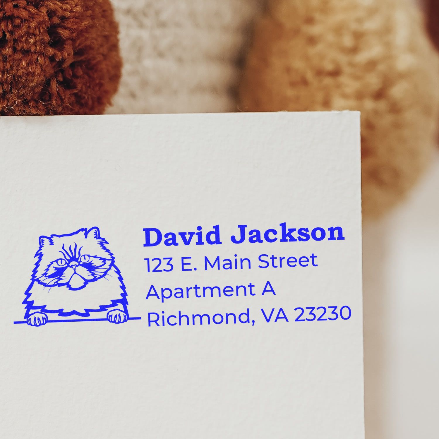 Wood Handle Colorpoint Persian Cat Address Stamp on white paper, featuring a blue illustration of a Persian cat and sample address text.