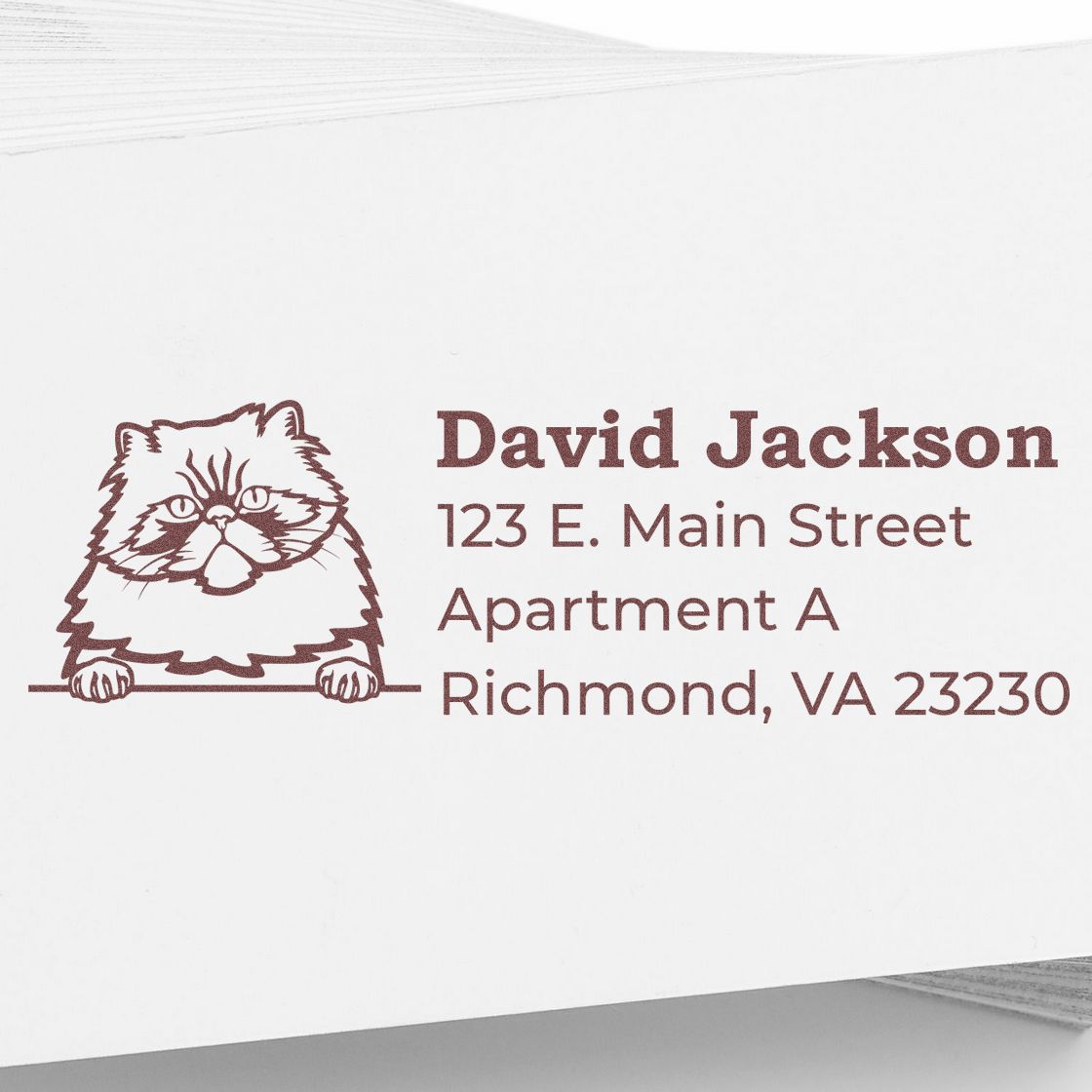 PSI Pre-Inked Peeking Colorpoint Persian Cat Personalized Address Stamp on white paper, featuring a cute cat illustration and sample address text in brown ink.