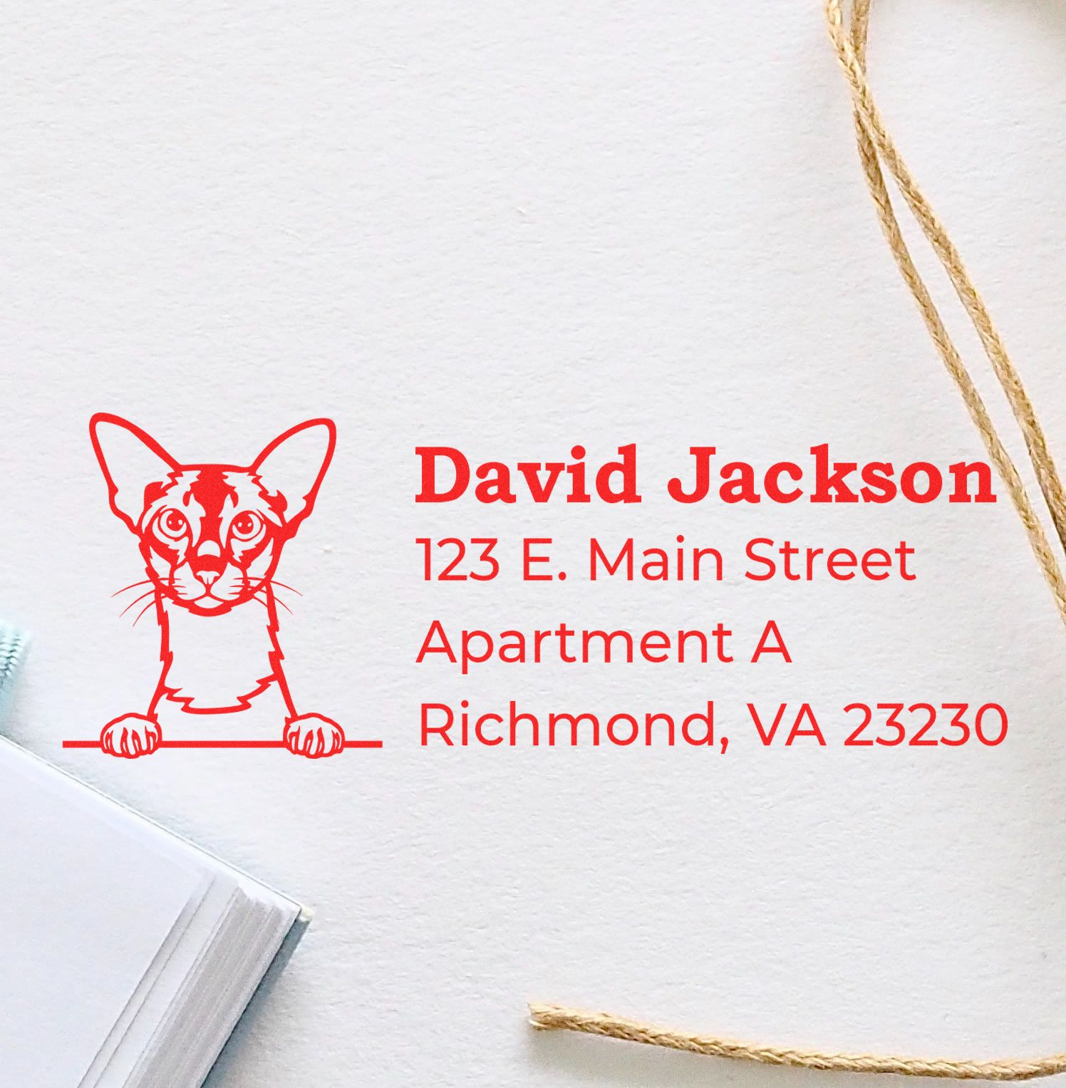 Self-Inking Colorpoint Shorthair Custom Address Stamp in red ink on white paper, featuring a cat design and sample address. Nearby are twine and a notebook.