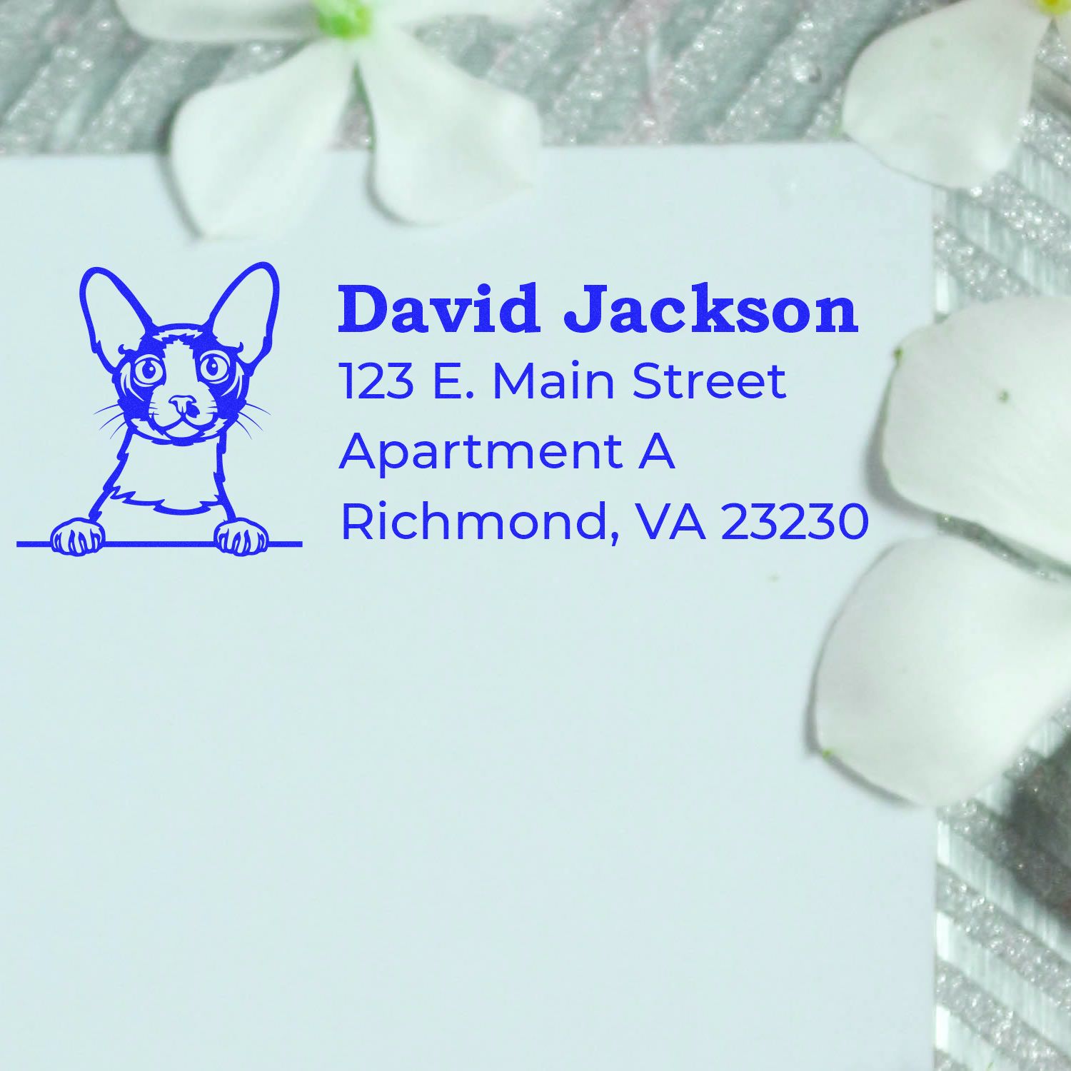 Self-Inking Cornish Rex Custom Address Stamp on white paper with blue ink, featuring a Cornish Rex cat illustration and sample address. Surrounded by white flower petals on a textured surface.