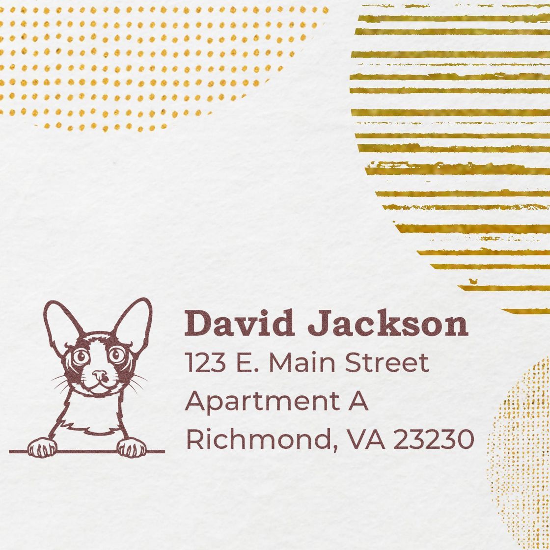 PSI Pre-Inked Peeking Cornish Rex Cat Personalized Address Stamp on paper, featuring a cute cat illustration and sample address text in a stylish font.