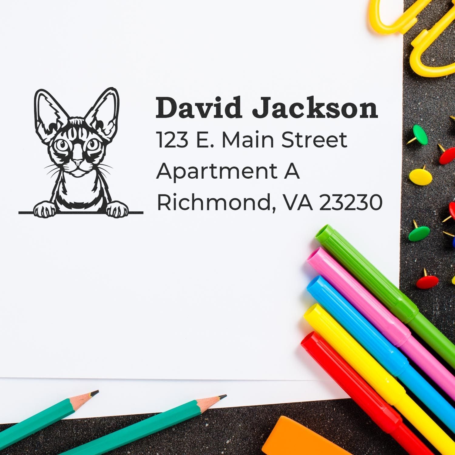 Self-Inking Devon Rex Custom Address Stamp on white paper with colorful pens and paperclips. Features a Devon Rex cat illustration and sample address text.