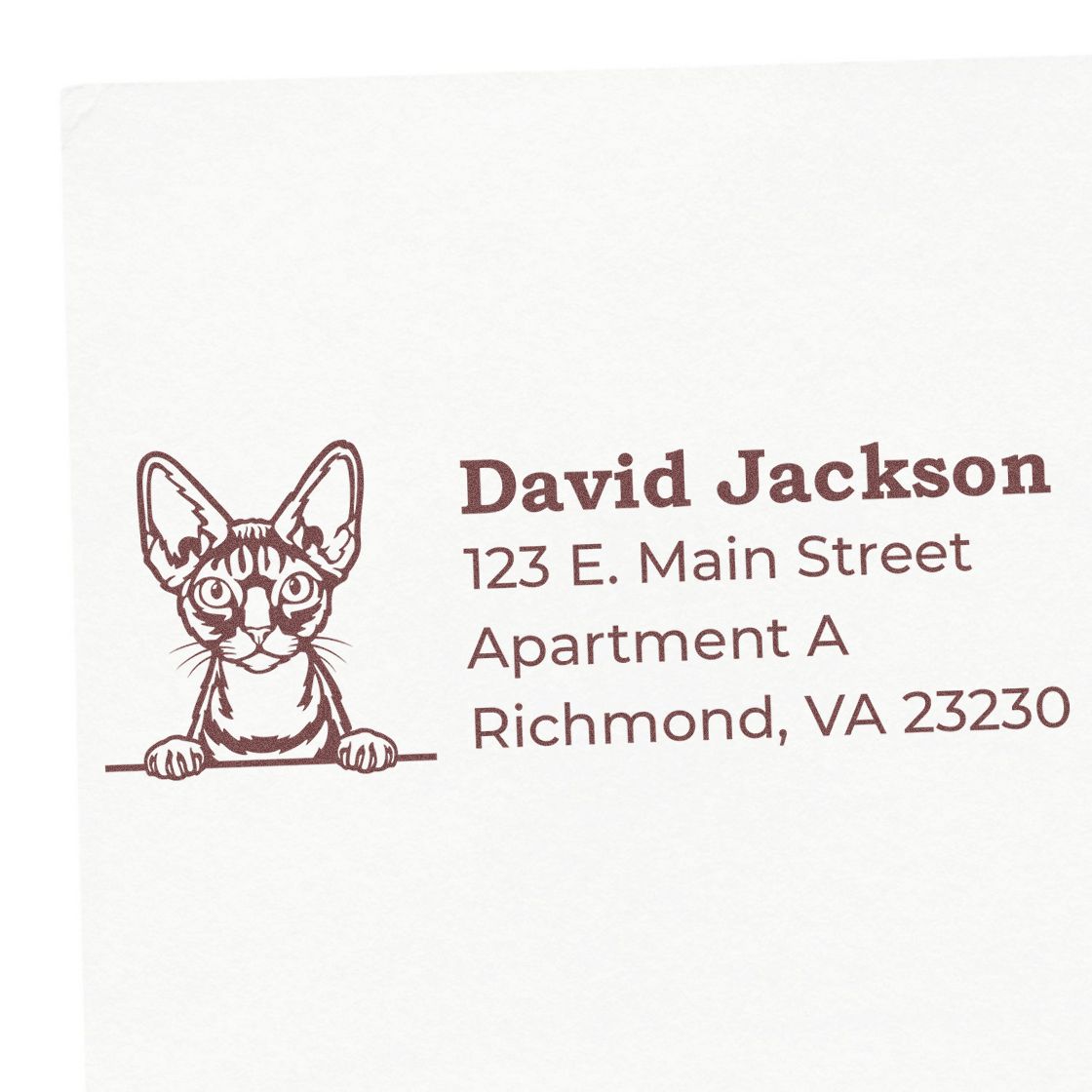 Self-Inking Devon Rex Custom Address Stamp featuring a cute Devon Rex cat illustration with sample address text: David Jackson, 123 E. Main Street, Apartment A, Richmond, VA 23230.