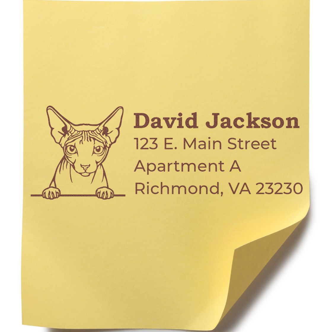 Self-Inking Don Sphynx Custom Address Stamp on yellow paper, featuring a Sphynx cat illustration and sample address text in brown ink.