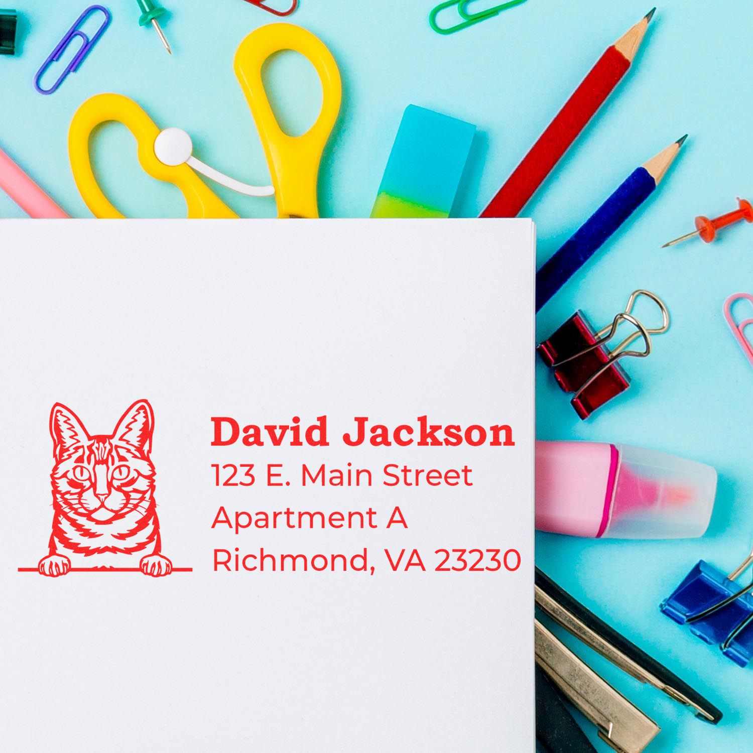 Slim Pre-Inked Dragon Li Peeking Cat Return Address Stamp on an envelope surrounded by colorful office supplies, including scissors, pencils, and paper clips.