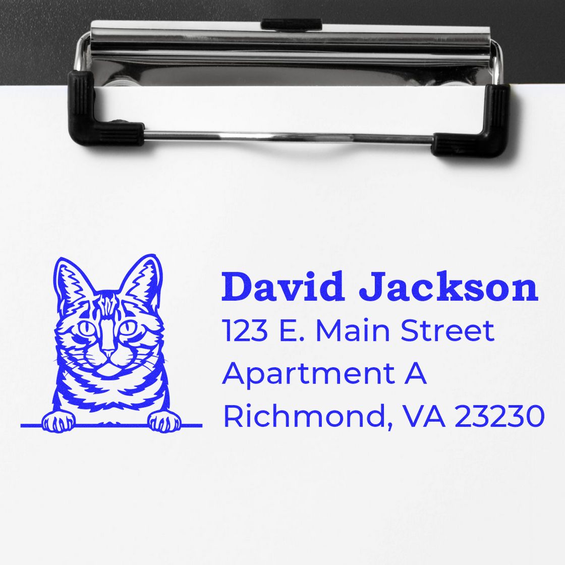 Wood Handle Dragon Li Cat Address Stamp on white paper with blue ink, featuring a cat illustration and sample address text. Perfect for personalizing mail with a unique feline touch.