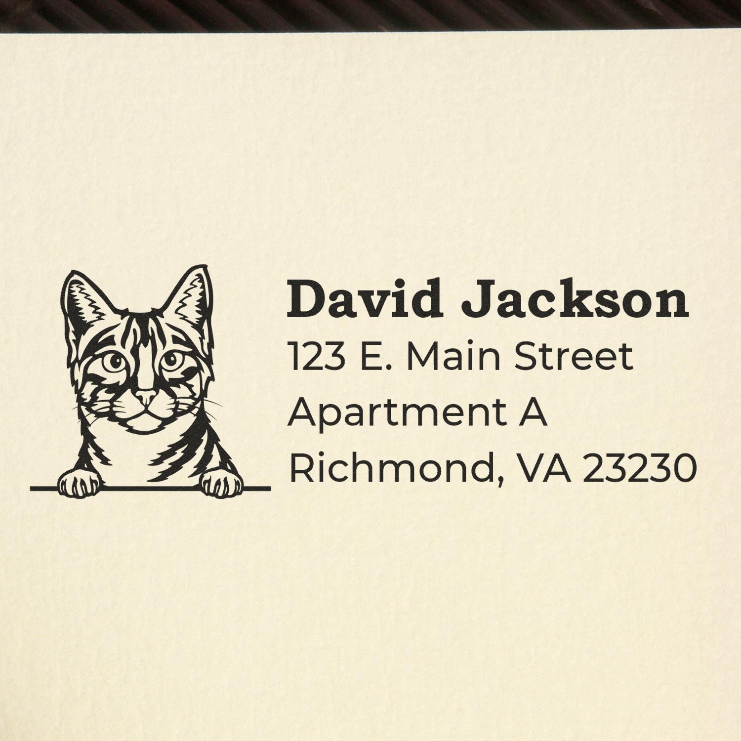 PSI Pre-Inked Peeking Egyptian Mau Cat Personalized Address Stamp featuring a cat illustration and sample address text on a beige background.