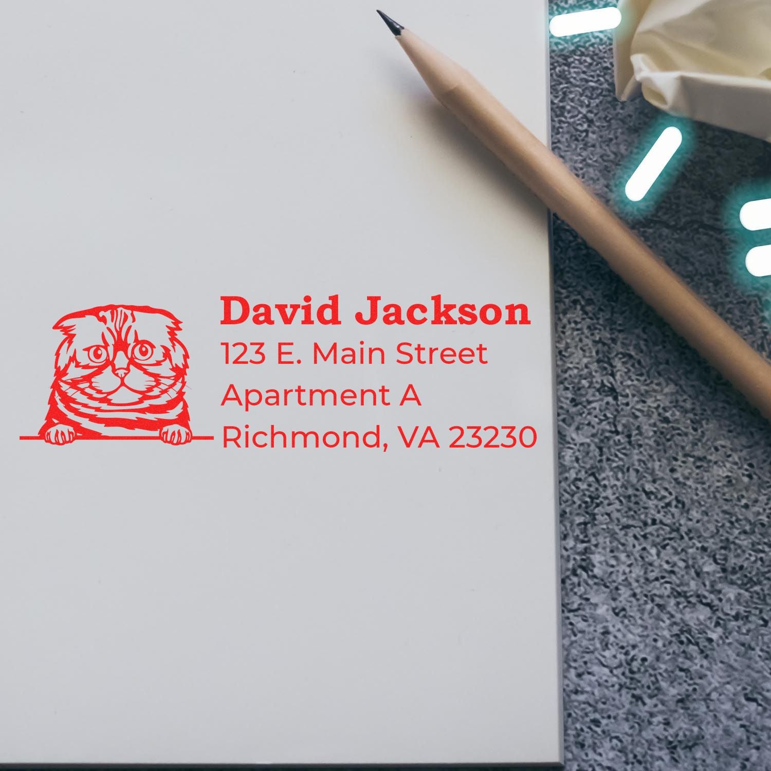 PSI Pre-Inked Peeking Foldex Cat Personalized Address Stamp on white paper, featuring a red cat design and address details, with a pencil nearby on a textured surface.