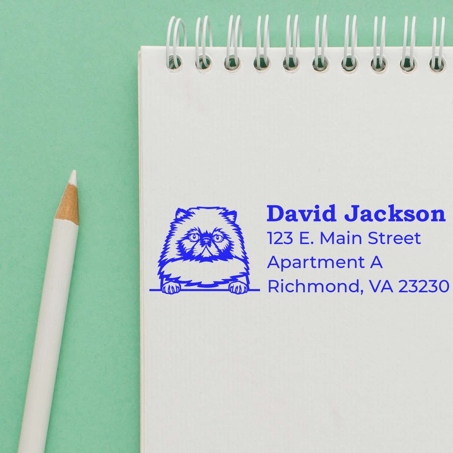 Self-Inking Himalayan Custom Address Stamp on notepad with pencil, featuring a blue cat design and sample address text.