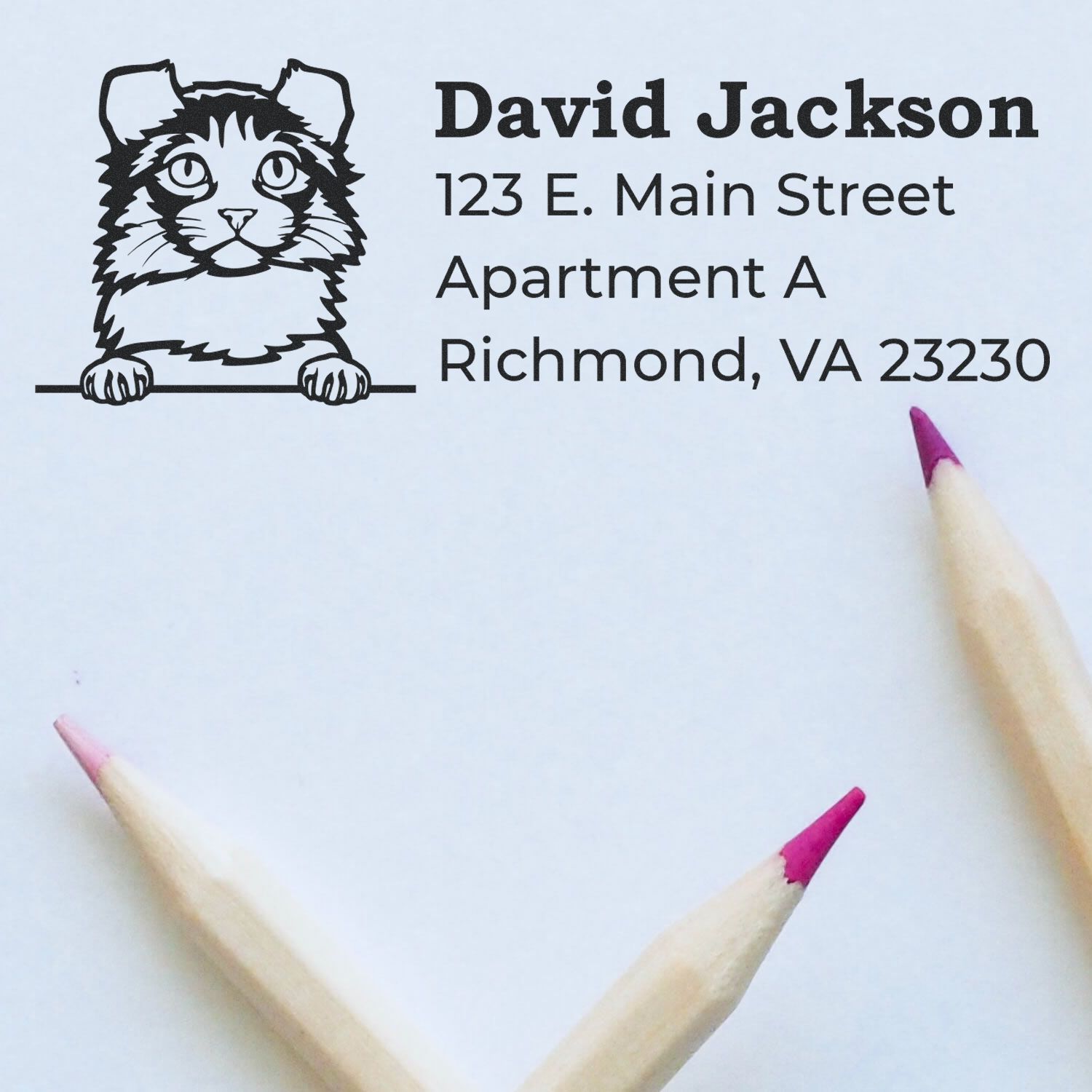 Wood Handle Kinkalow Cat Address Stamp on paper with a cute cat illustration and sample address. Two pencils with pink tips are placed nearby.