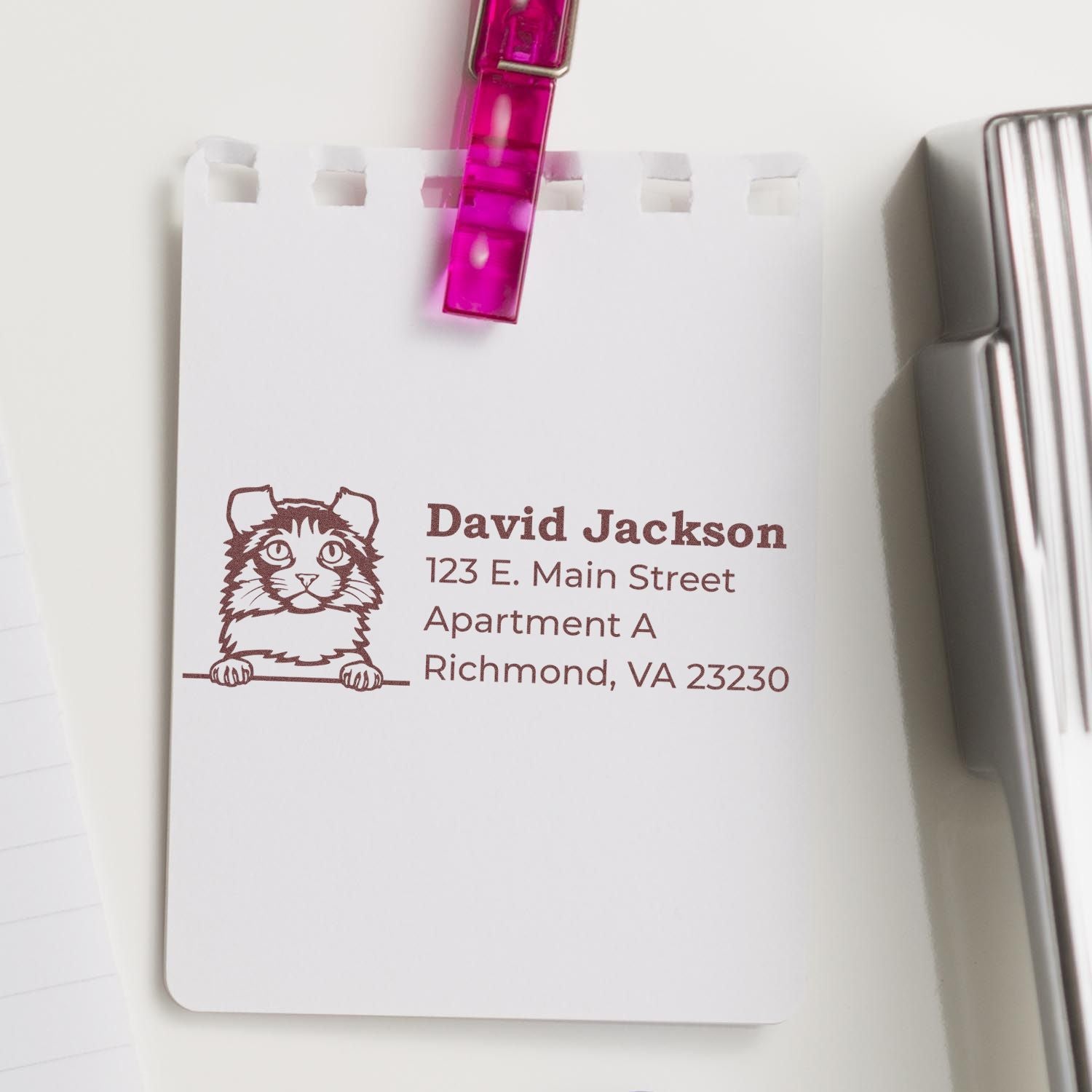 PSI Pre-Inked Peeking Kinkalow Cat Personalized Address Stamp on white paper with a cute cat design, clipped with a pink clip.