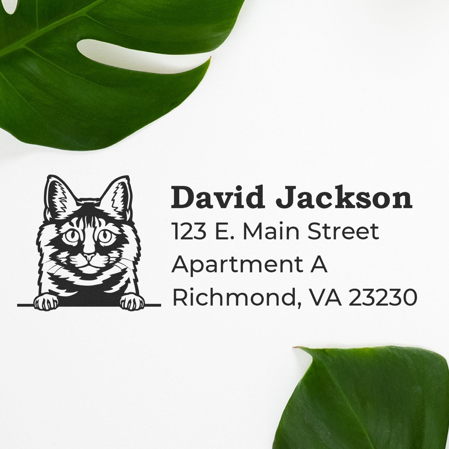 Self-Inking Kurilian Bobtail Custom Address Stamp featuring a cat design, personalized with David Jackson, 123 E. Main Street, Apartment A, Richmond, VA 23230 on a white background with green leaves.