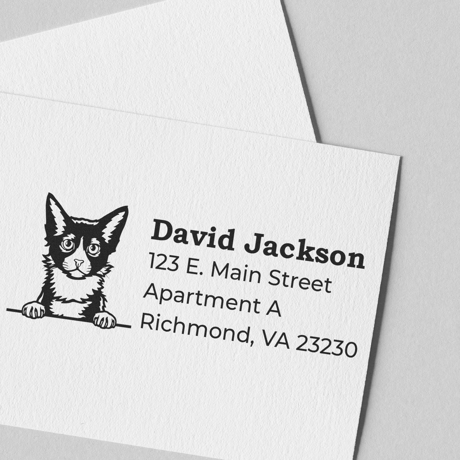 Wood Handle LaPerm Cat Address Stamp on white card with cat illustration and sample address text, showcasing elegant and playful design for personalized stationery.