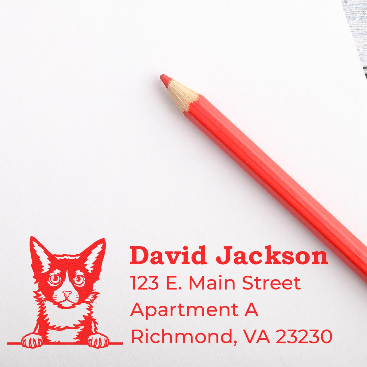 PSI Pre-Inked Peeking LaPerm Cat Personalized Address Stamp on white paper with a red pencil. The stamp features a cute cat design and custom address details in red ink.